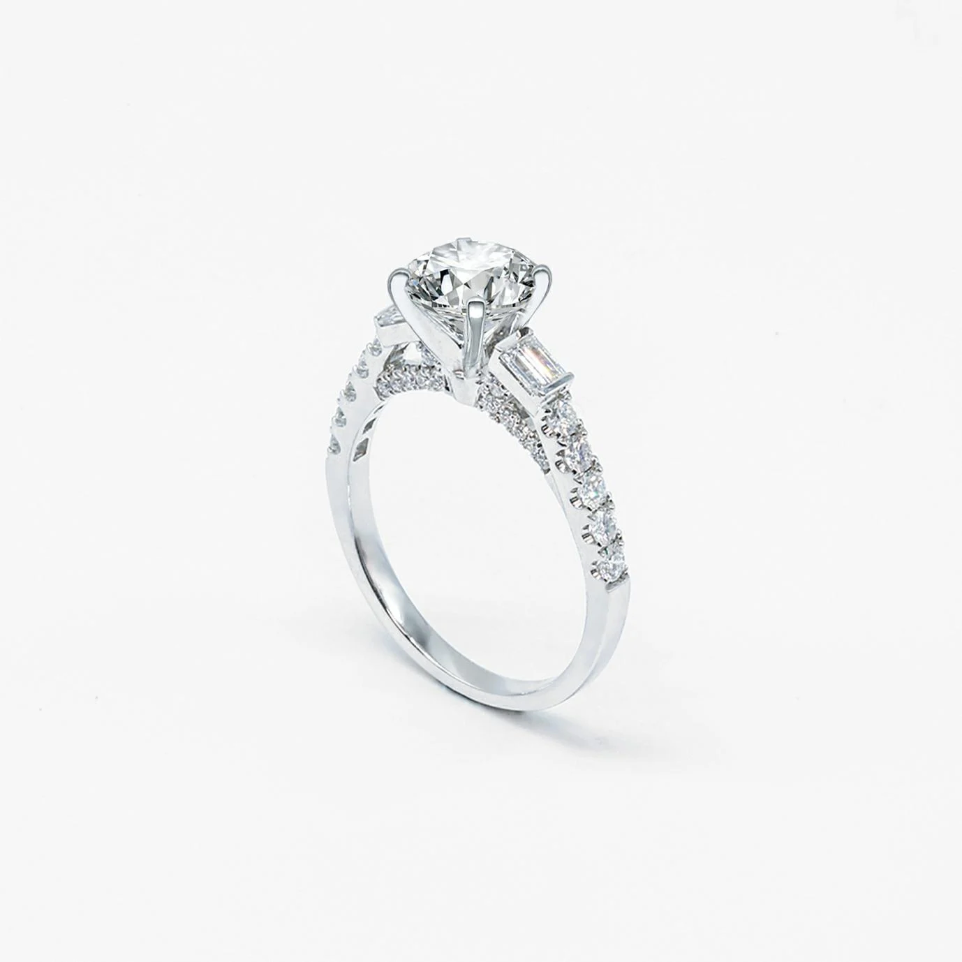 4 Prong Pavé Baguette Sidestones Natural Diamond Ring (Setting Only)