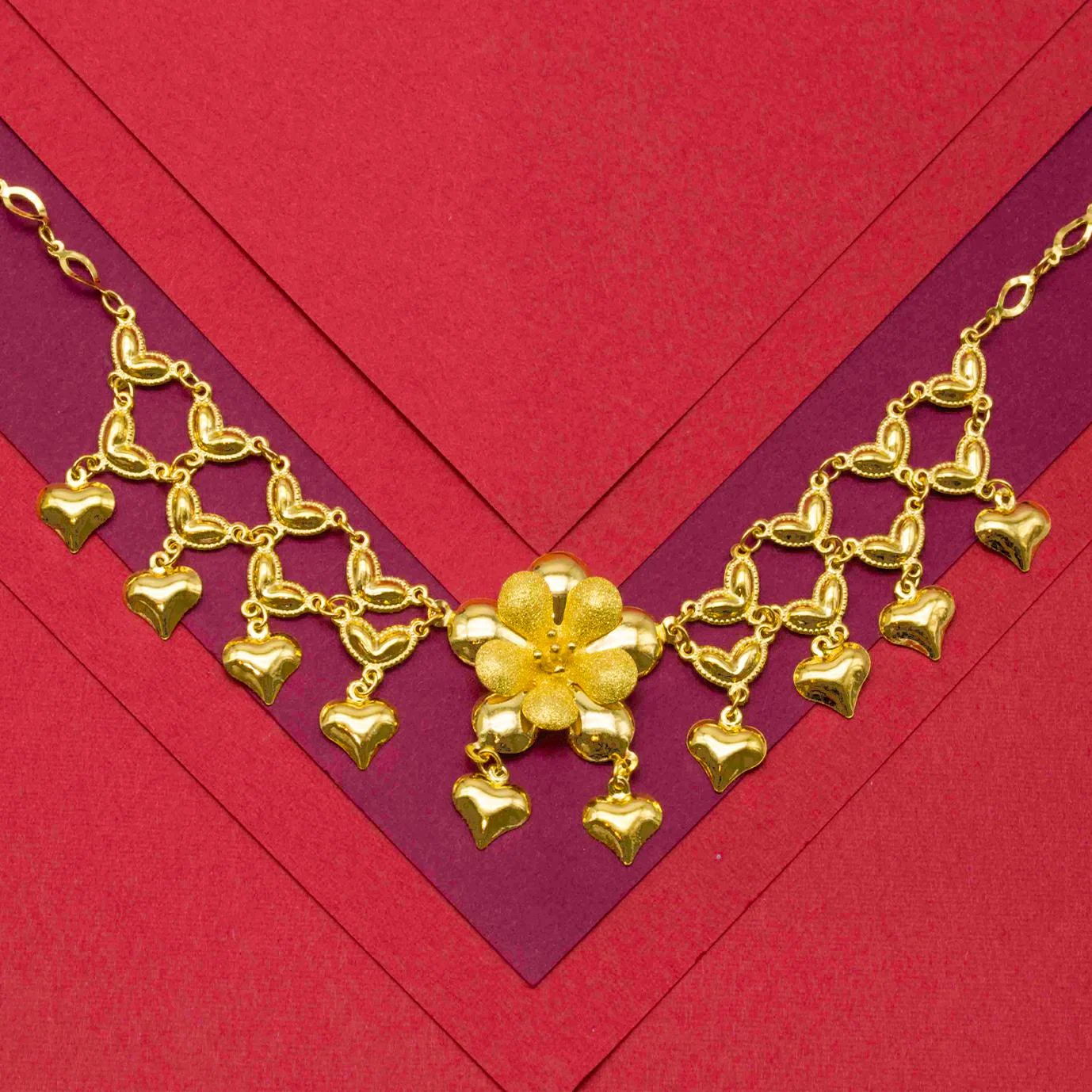 24K Gold Flower and Hearts Necklace