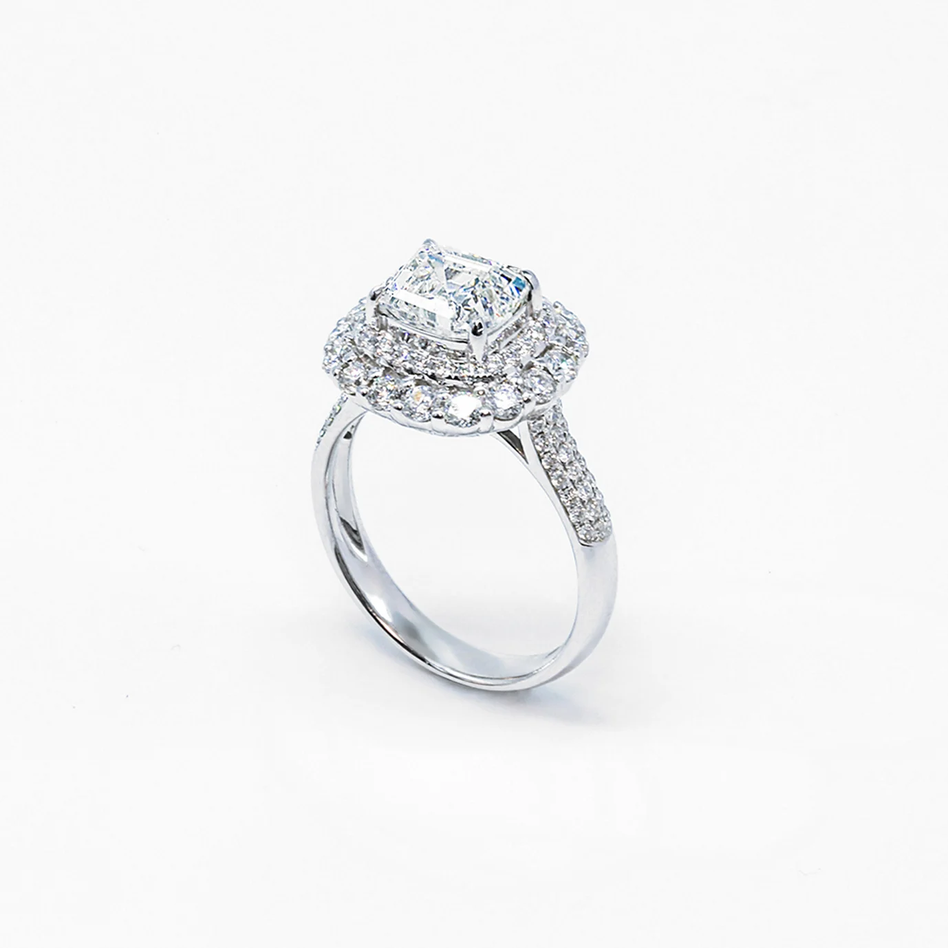 18K White Gold Cushion Shape with Double Halo Micro Pavé Natural Diamond Ring