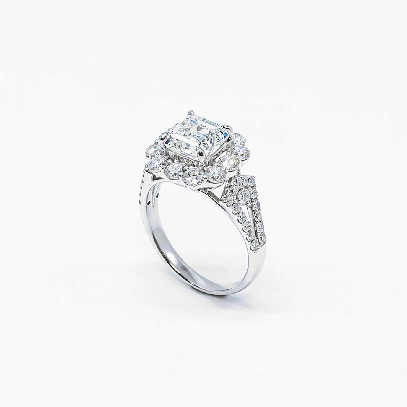 18K White Gold Asscher Cut with Bubble Halo Natural Diamond Ring