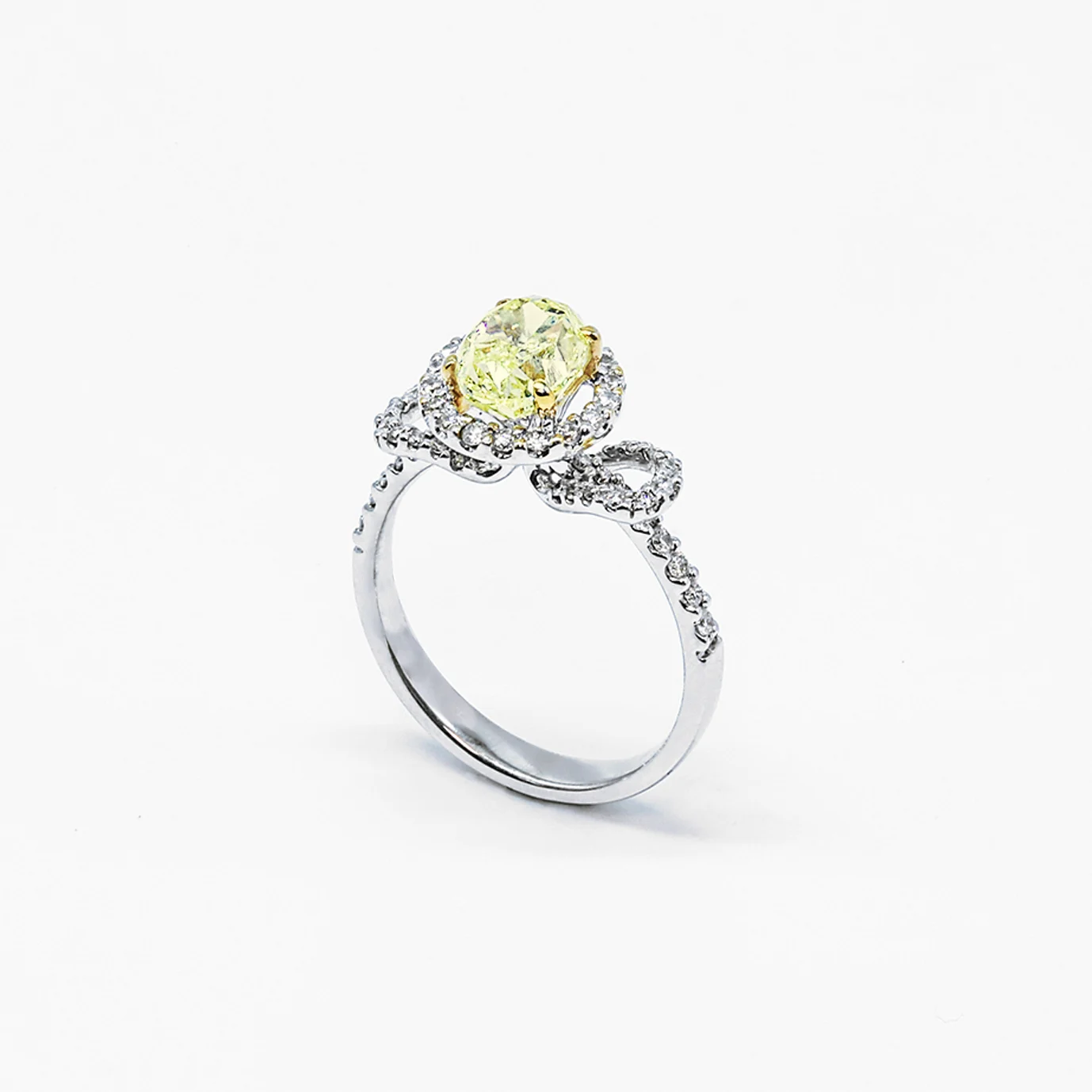 18K White Gold Fancy Yellow Oval Shape Trio Halo Pavé Natural Diamond Ring