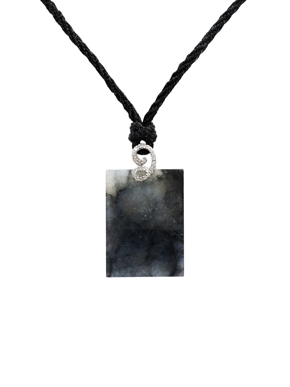 18K White Gold Icy Black Rectangle with Diamonds Jadeite Jade Pendant (Medium)
