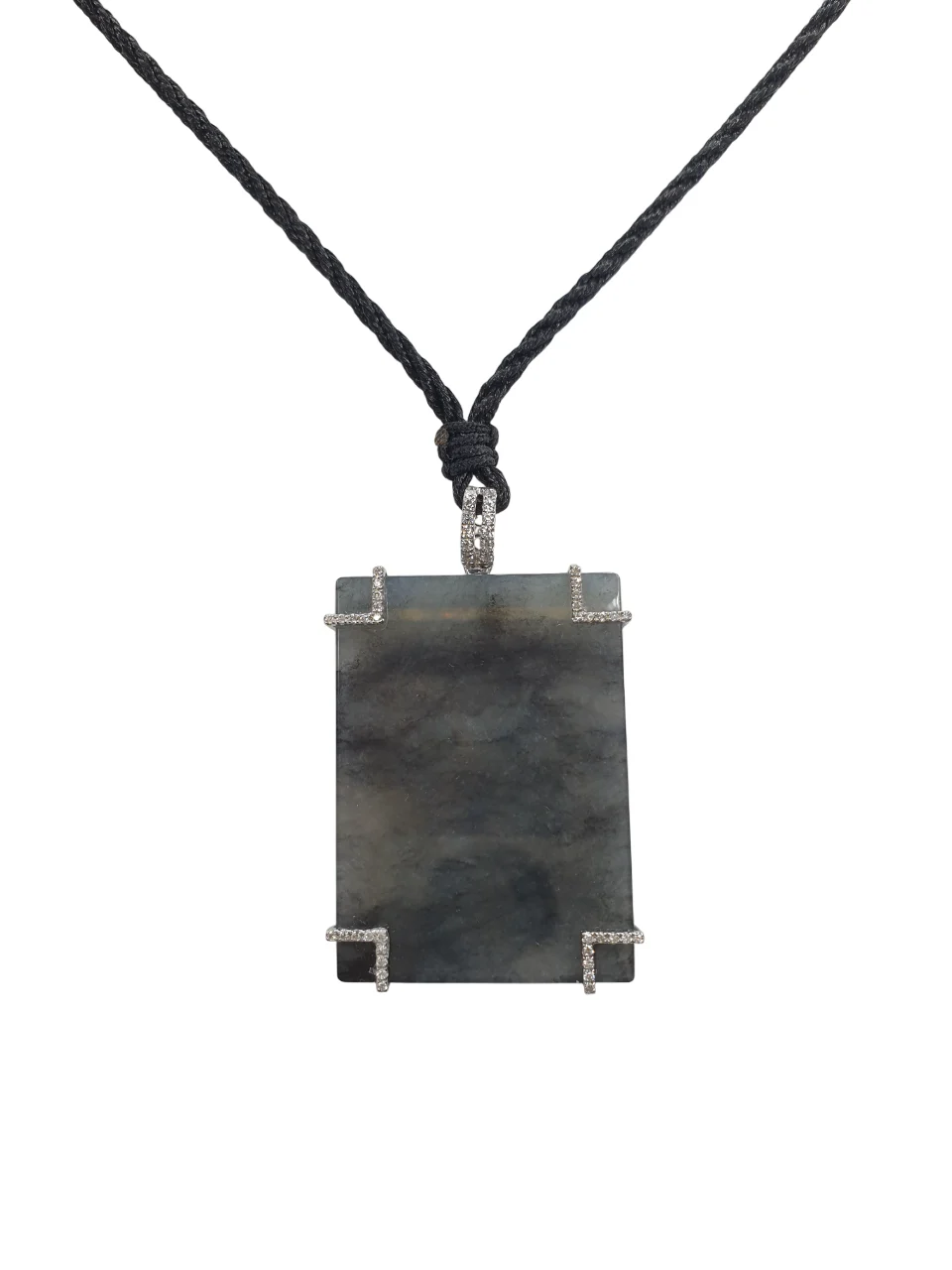 18K White Gold Icy Black Rectangle with Diamonds Jadeite Jade Pendant (Large)