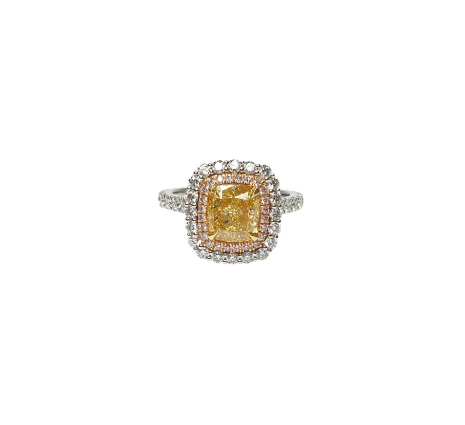 18K Pink and White Gold Cushion Shape Halo Natural Diamond Ring