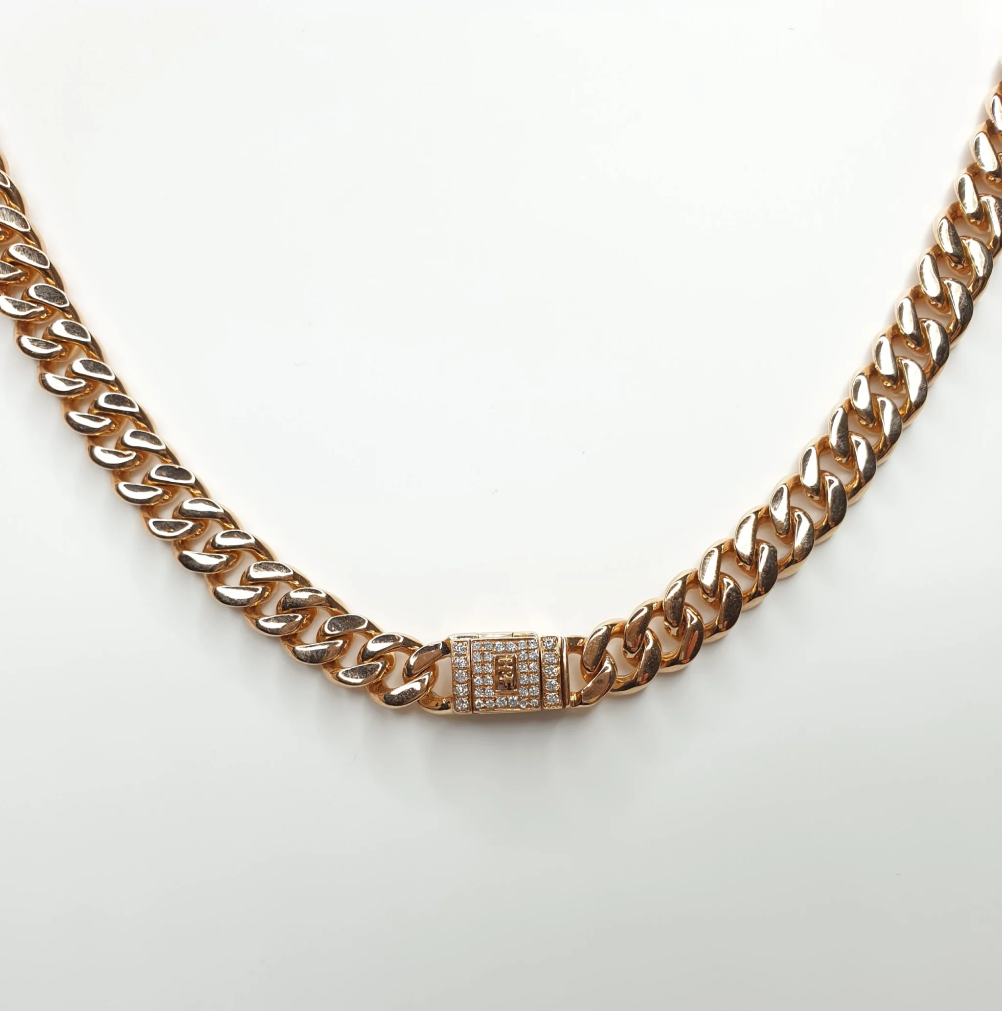 7mm Solid Rose Gold Cuban Link Necklace with Diamond Clasp