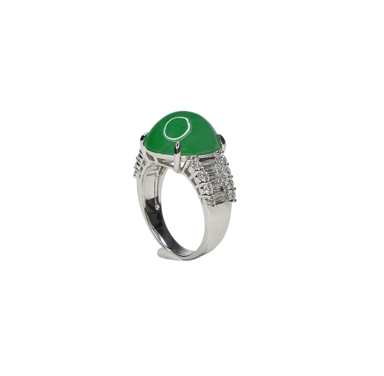 18K White Gold Red Carpet Event Green Jadeite Jade Cabochon Ring with Diamonds