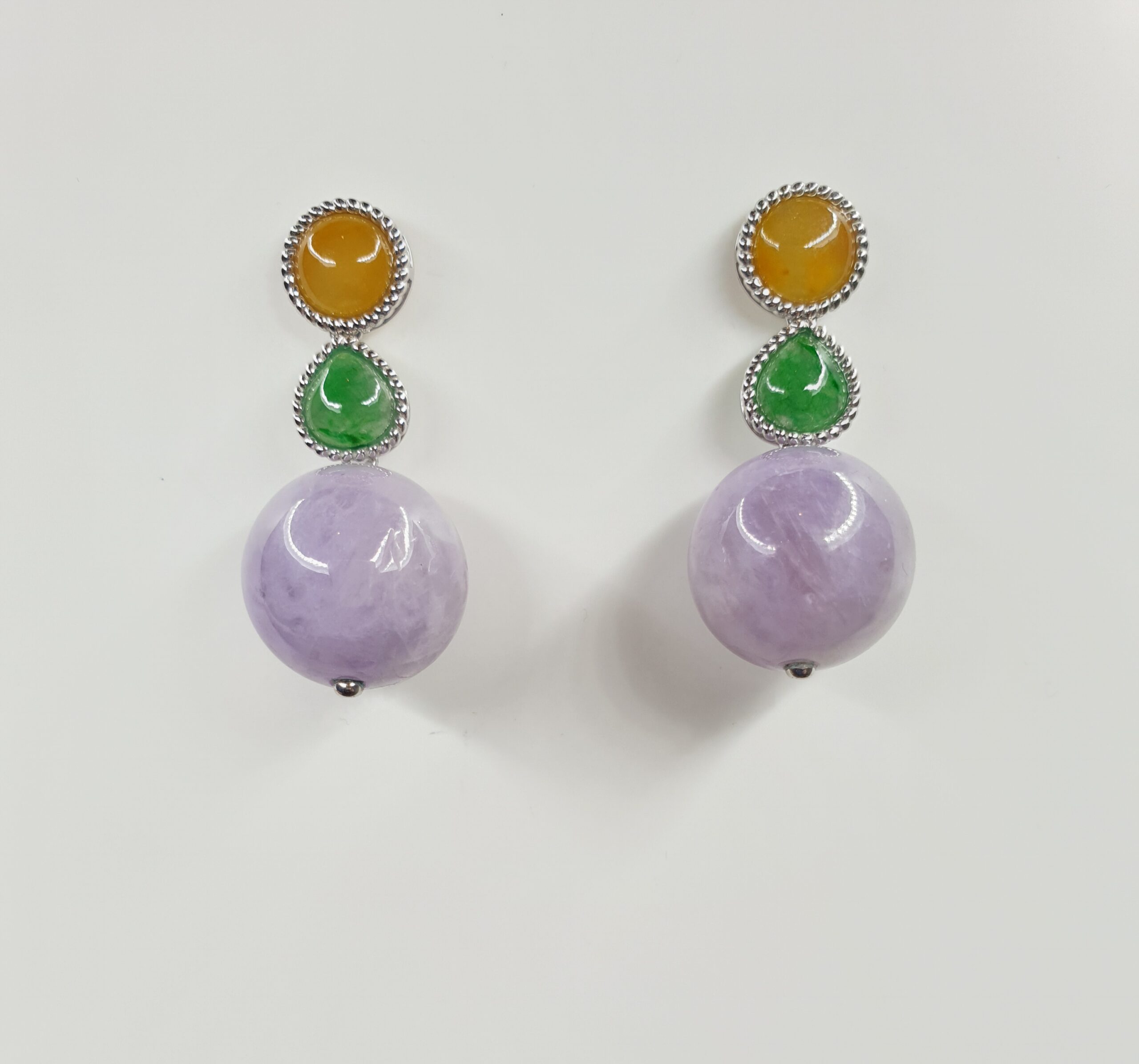 18K White Gold Tri-Color Jadeite Jade Earrings - H&F Jewellery and