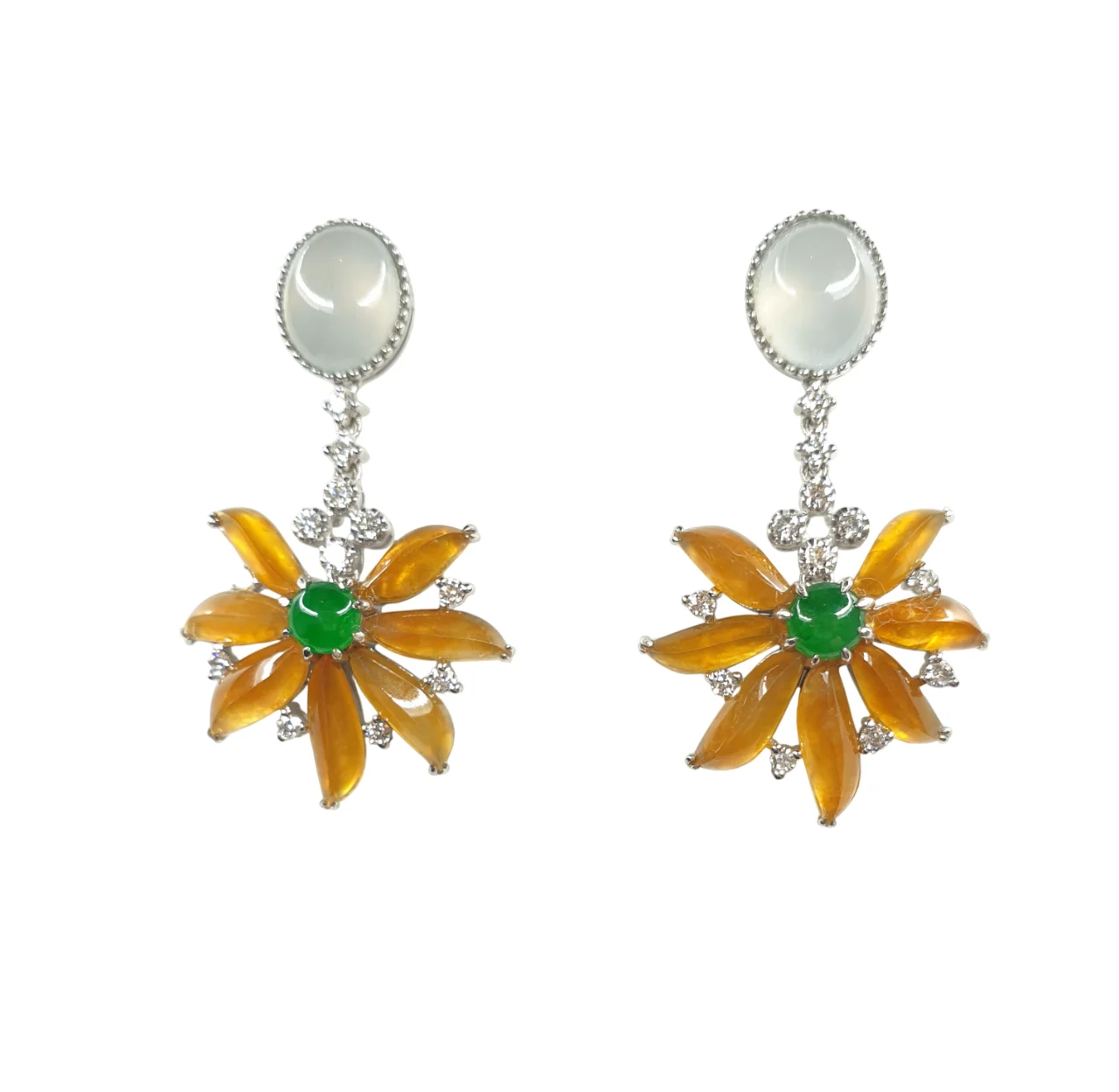 18K White Gold Translucent Yellow-Orange Flower Shape Jadeite Jade Earrings