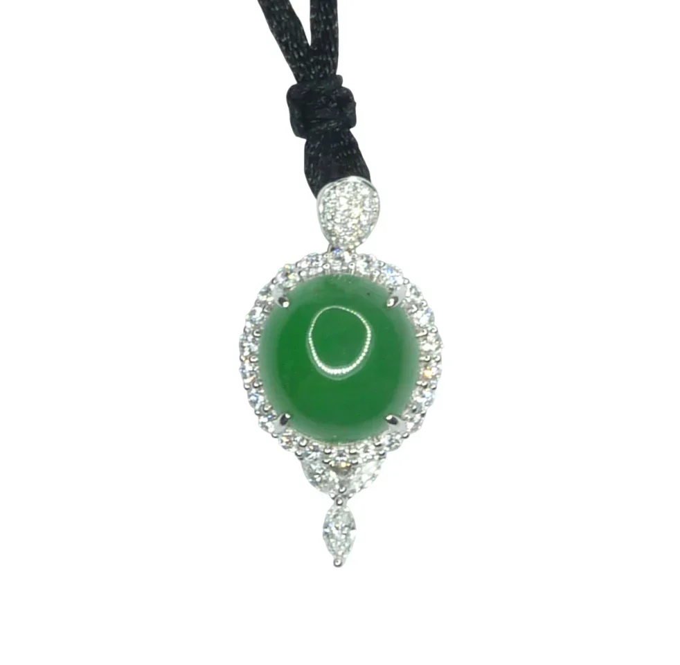 18K White Gold Green Round Shape Cabochon Jadeite Jade Pendant with Diamonds