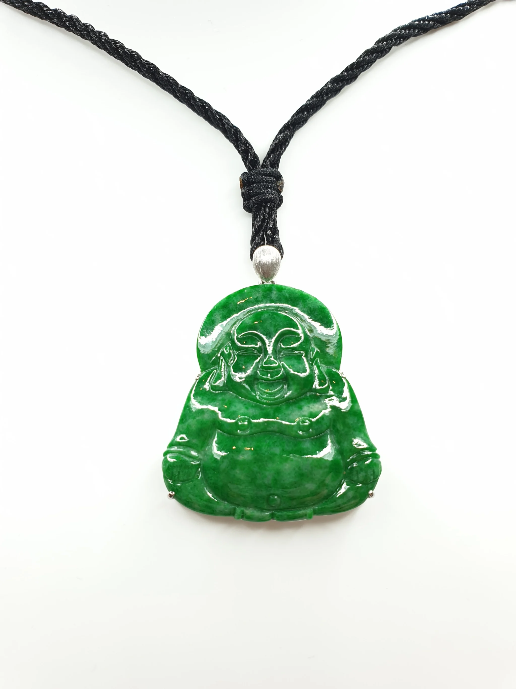 Dark Green 18K White Gold Laughing Buddha Jadeite Jade Pendant