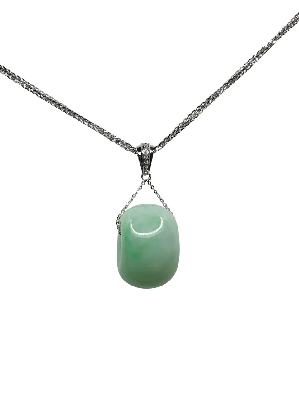 18K White Gold Thick Light Green Dount Jadeite Jade Pendant with Diamonds