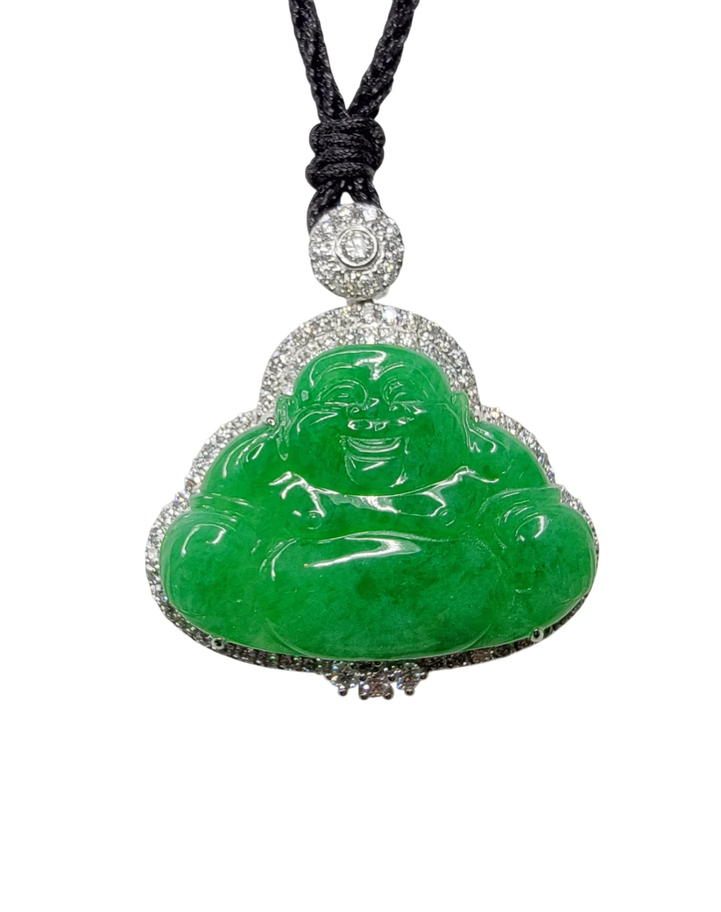 18K White Gold Laughing Buddha Jadeite Jade Pendant with Diamond Halo