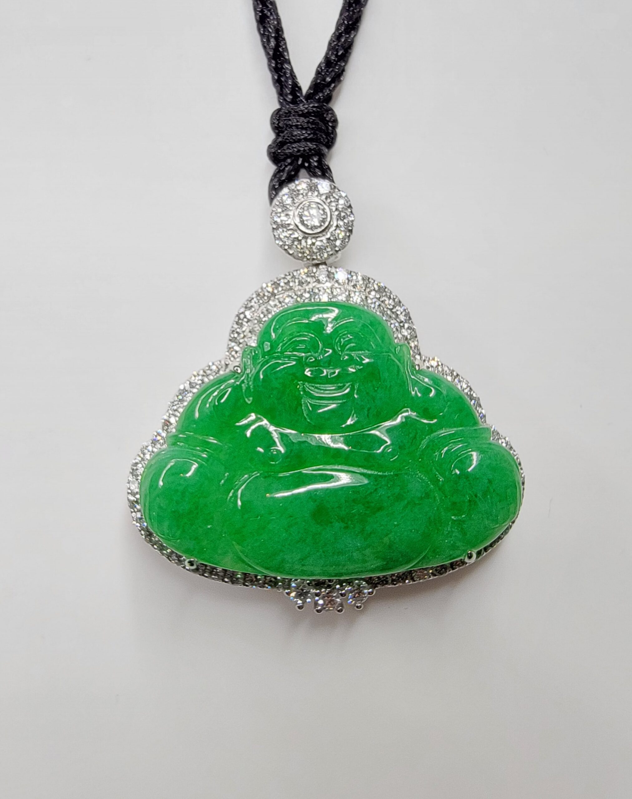 18K White Gold Laughing Buddha Jadeite Jade Pendant with Diamond Halo ...