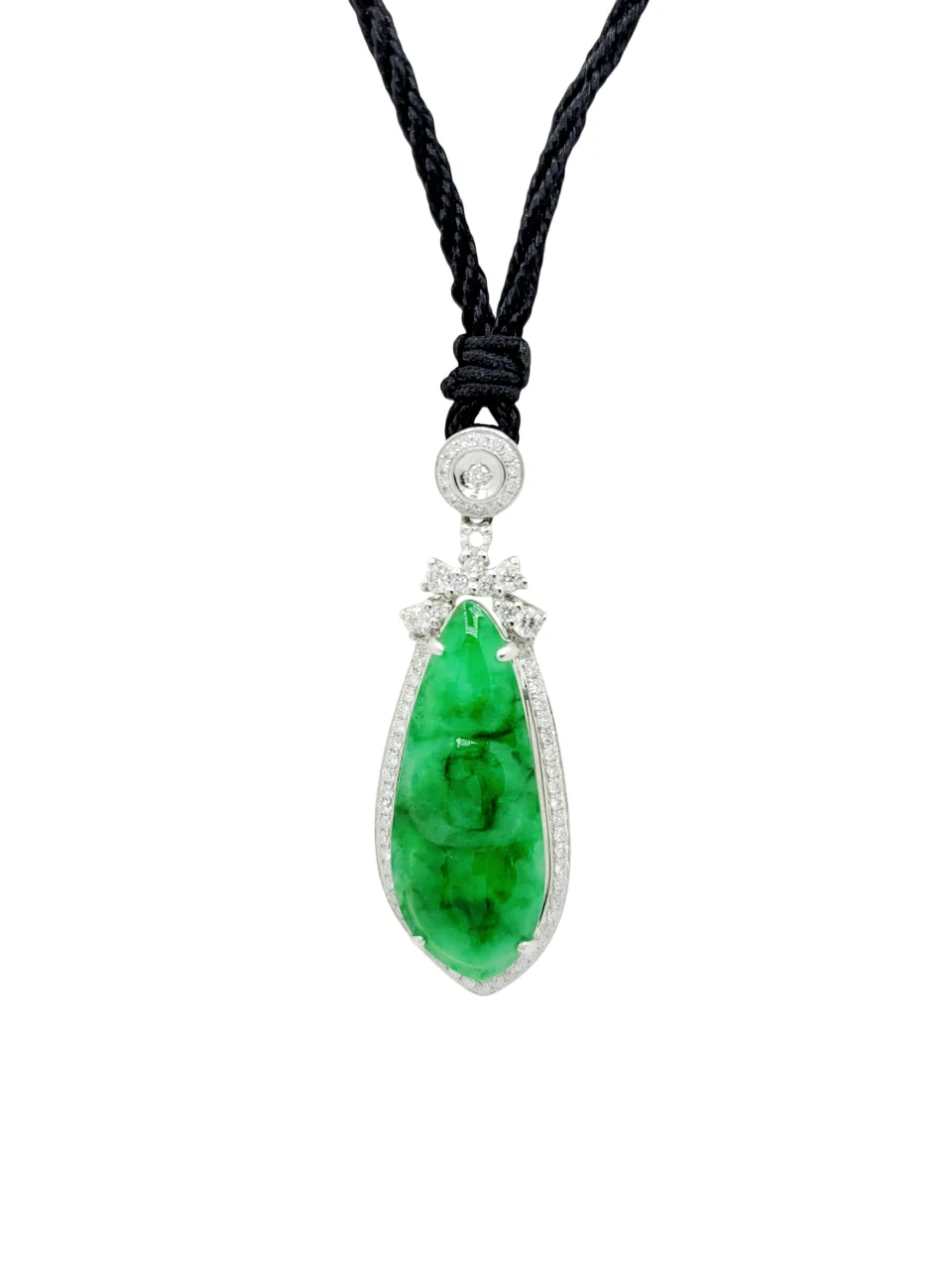 18K White Gold Vibrant Green Bean Pod Jadeite Jade Pendant