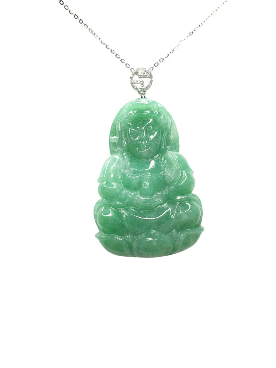 18K White Gold Green Quan Yin Jadeite Jade Pendant