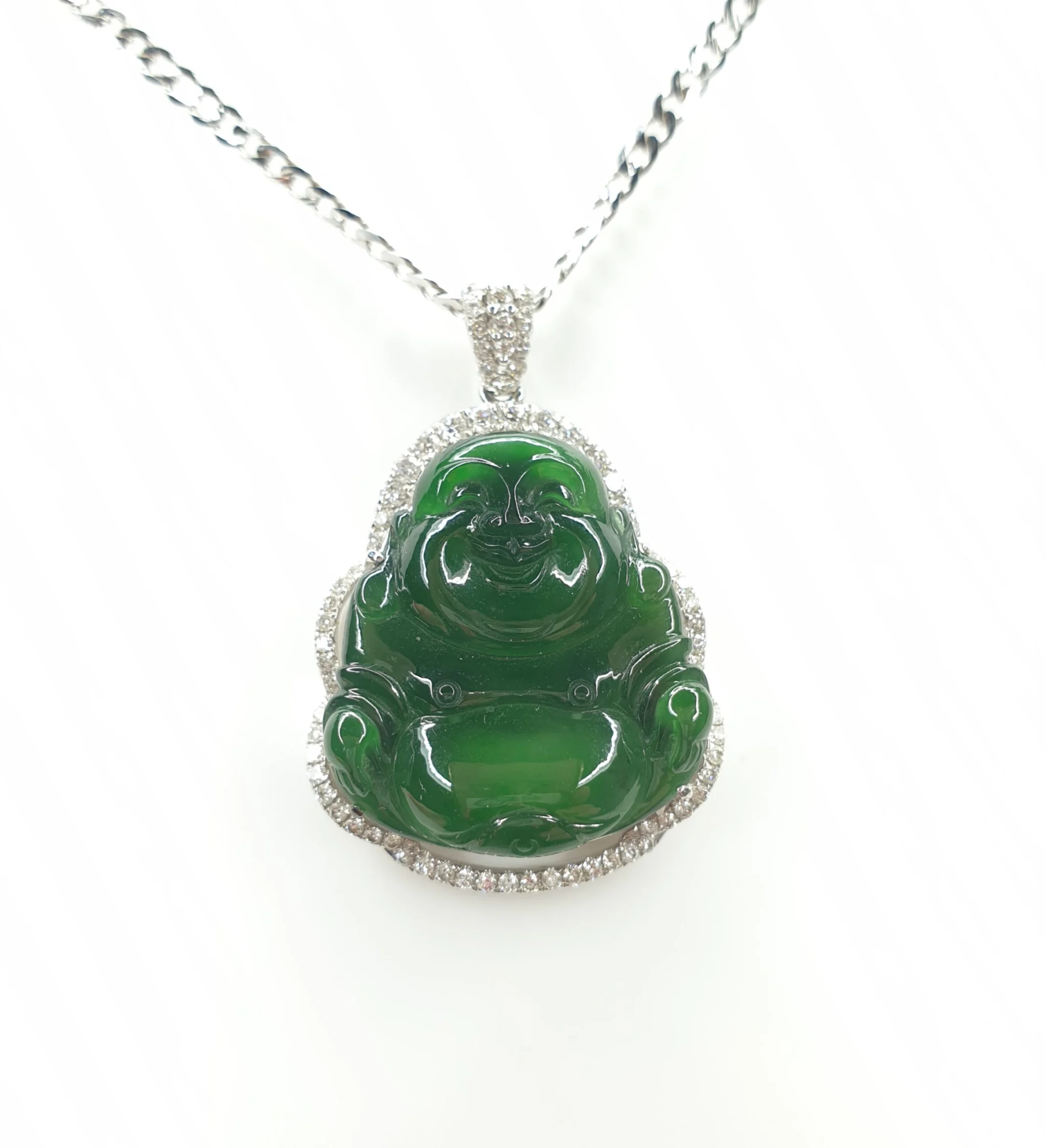 18K White Gold Green Laughing Buddha Jadeite Jade Diamond Pendant