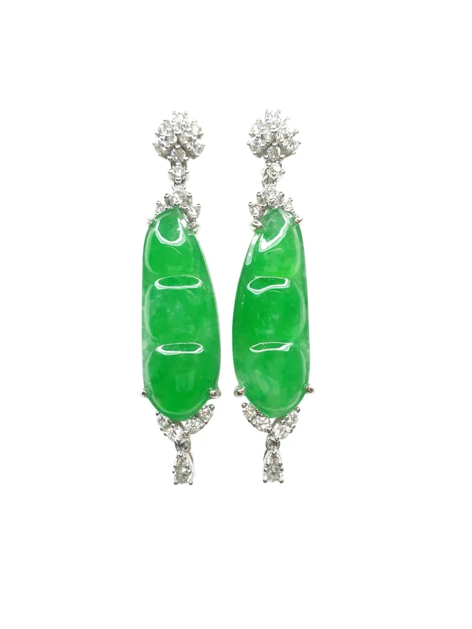18k white Gold Bright Green Jadeite Jade Bean Earrings with Diamonds