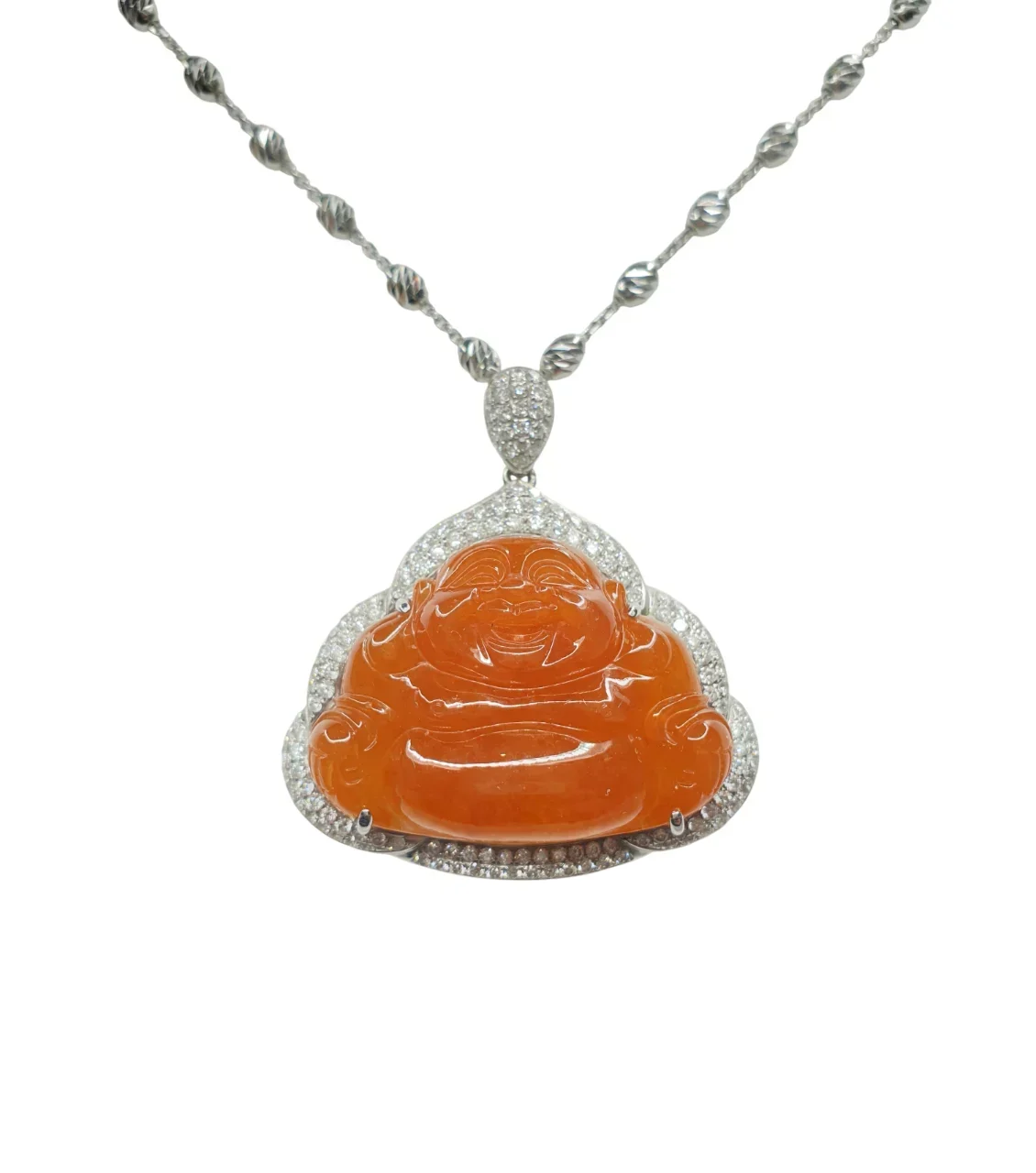 Orange Yellow Laughing Buddha Jadeite Jade Pendant with Diamonds