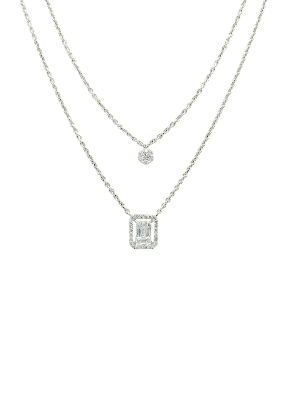 18K White Gold Illusion Set Round Shape and Emerald Shape Diamond Necklace