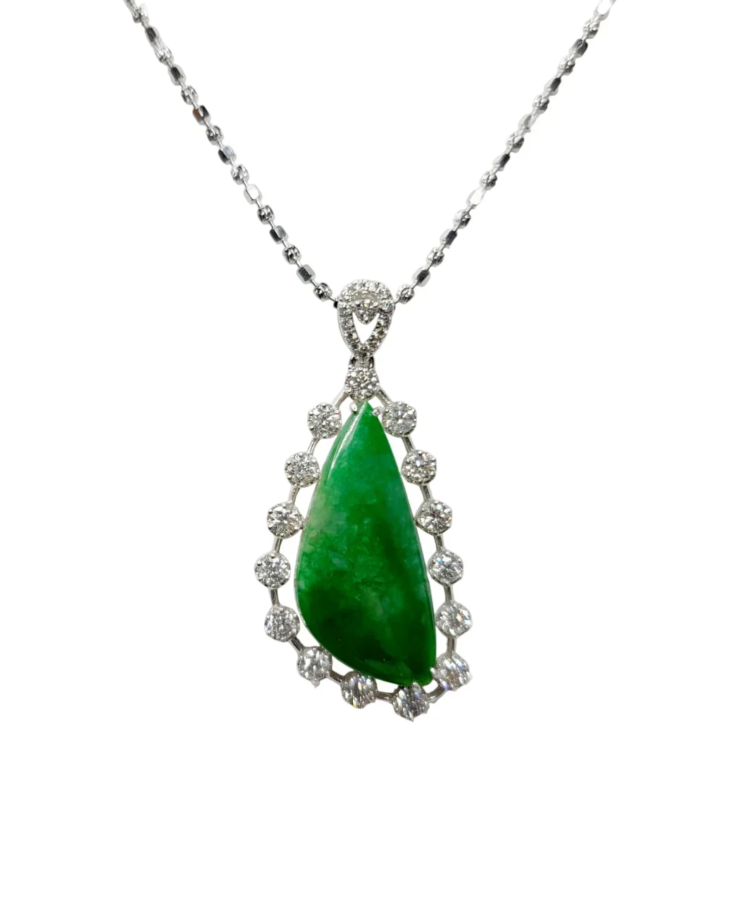 18K White Gold Translucent Green Fancy Shape Jadeite Jade Pendant with Diamonds