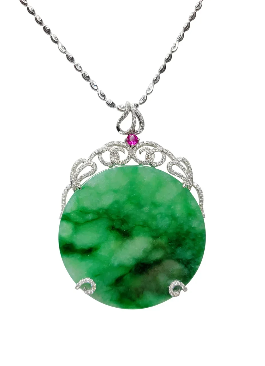 18K White Gold Translucent Green Round Shape Jadeite Jade Pendant with Diamonds