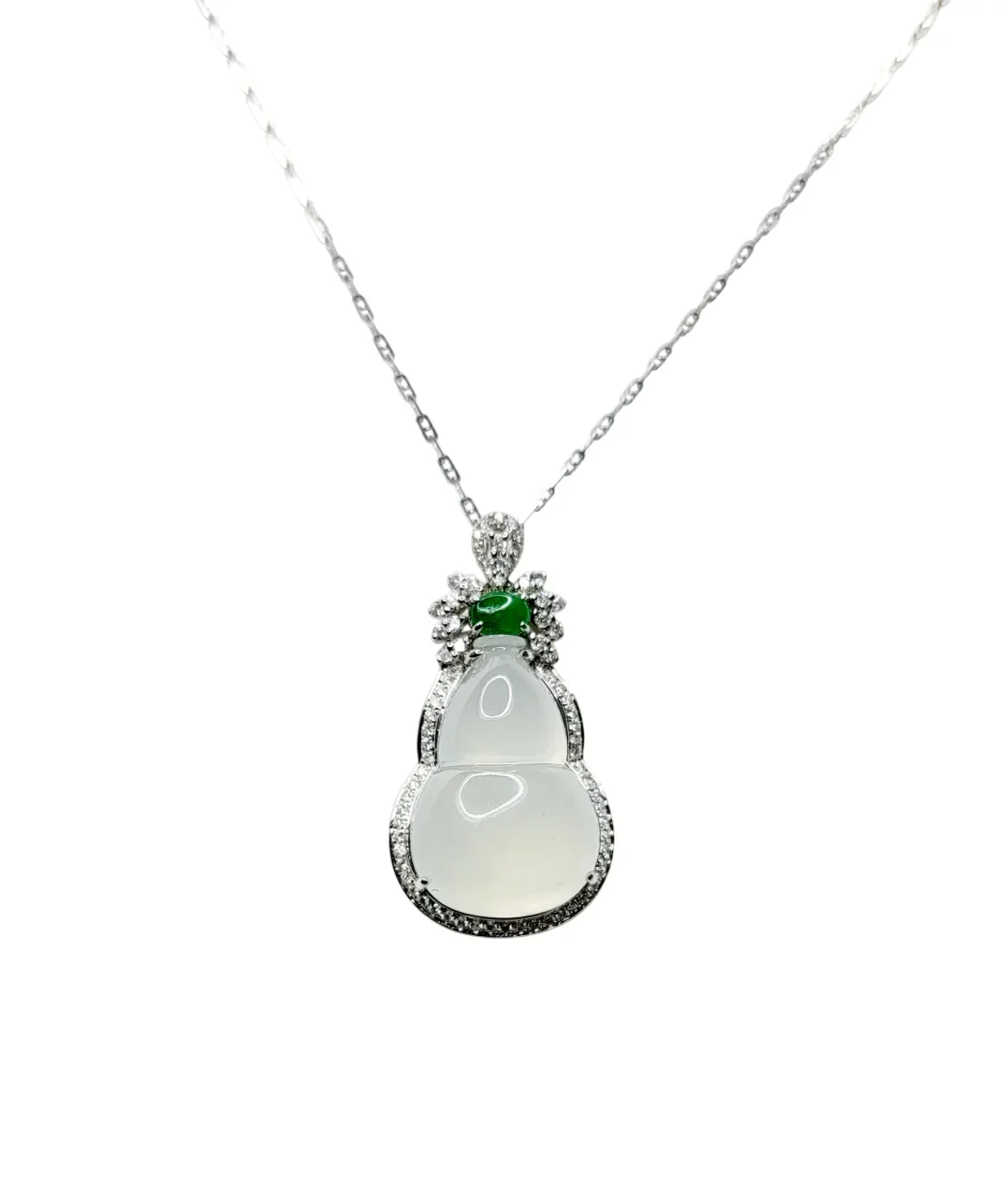 18K White Gold Highly Translucent Wulu Jadeite Jade Pendant with Diamonds