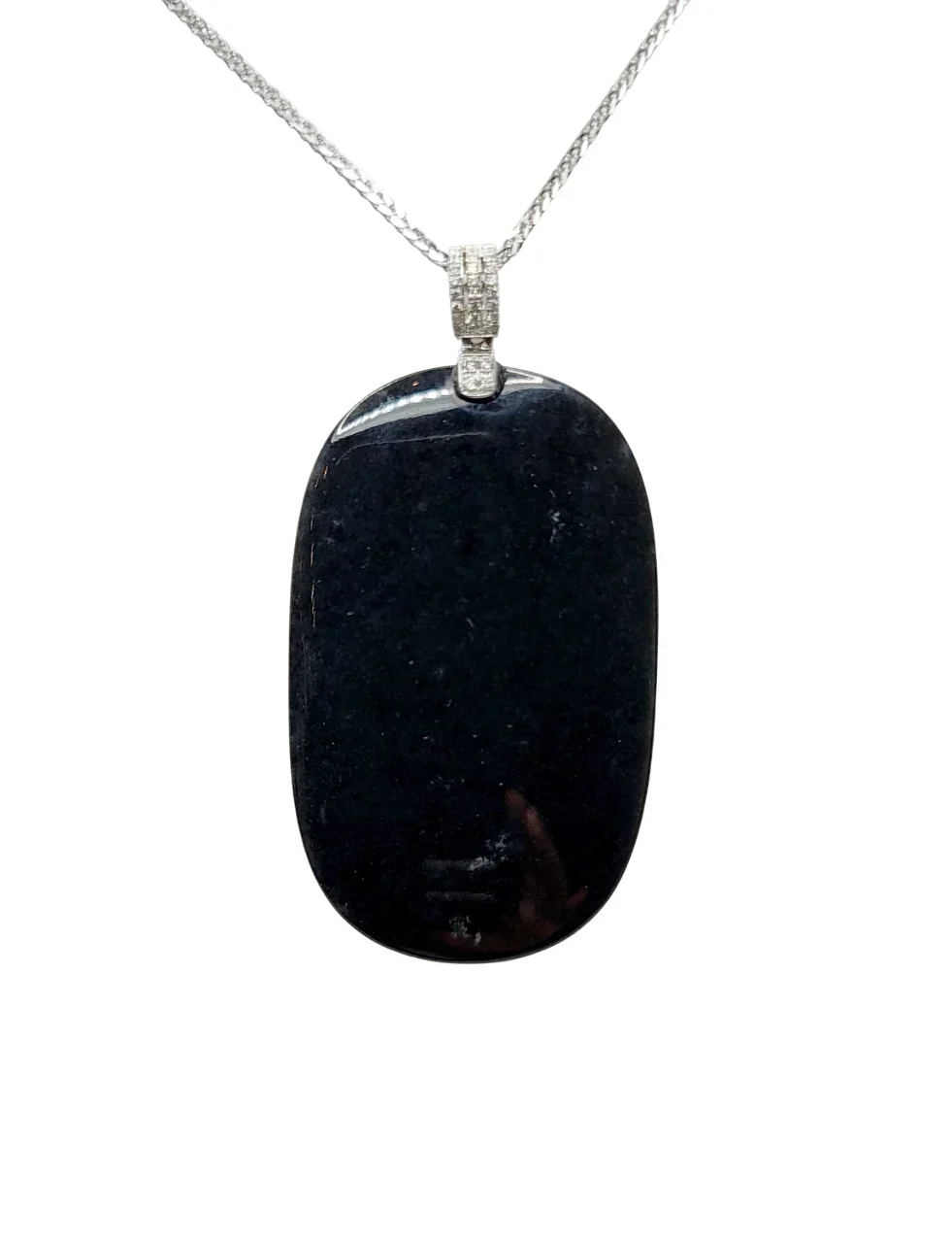 18K White Gold Black Jadeite Jade Dog Tag with Diamonds