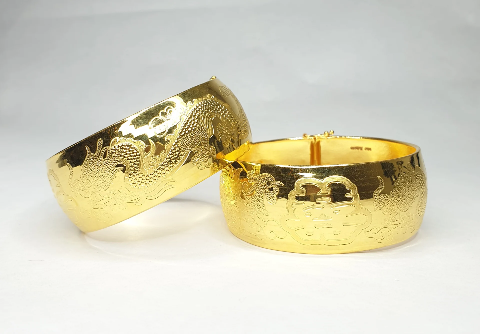 24K Double Happiness Phoenix and Dragon Gold Bangle Set (Extra Wide)