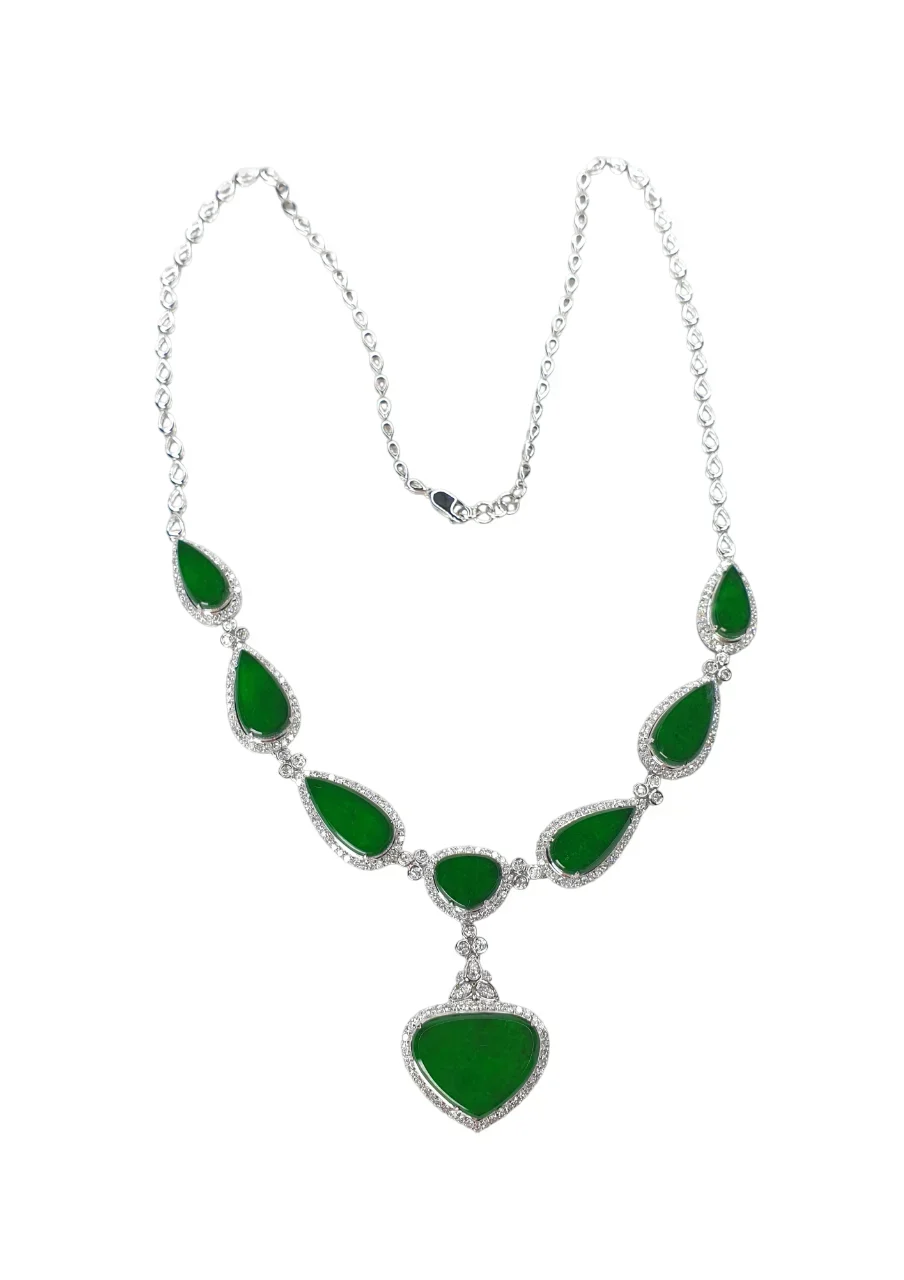18K White Gold Intense Green Jadeite Jade Necklace with Diamonds