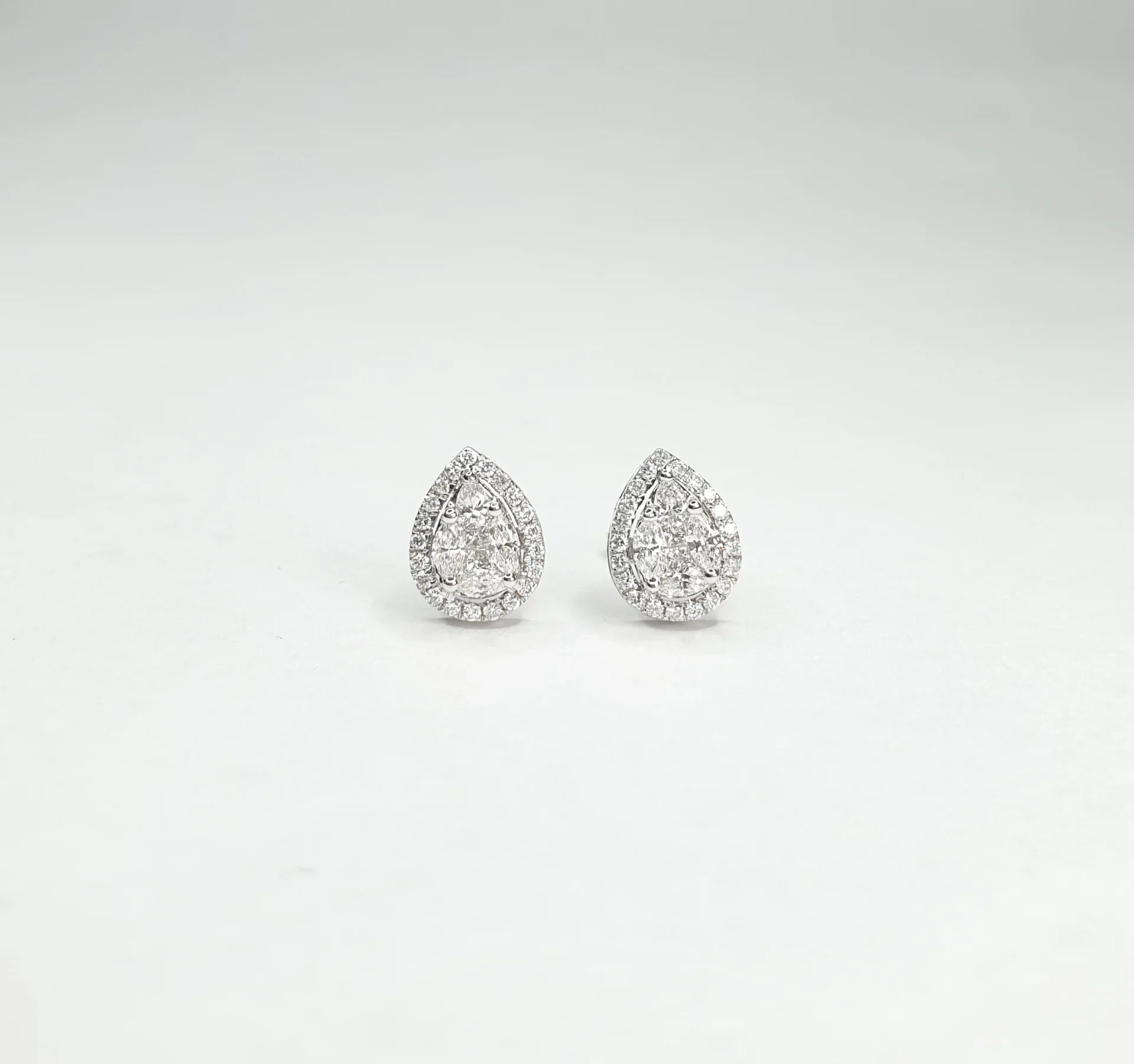 18K White Gold Illusion Pear with Halo Diamond Studs