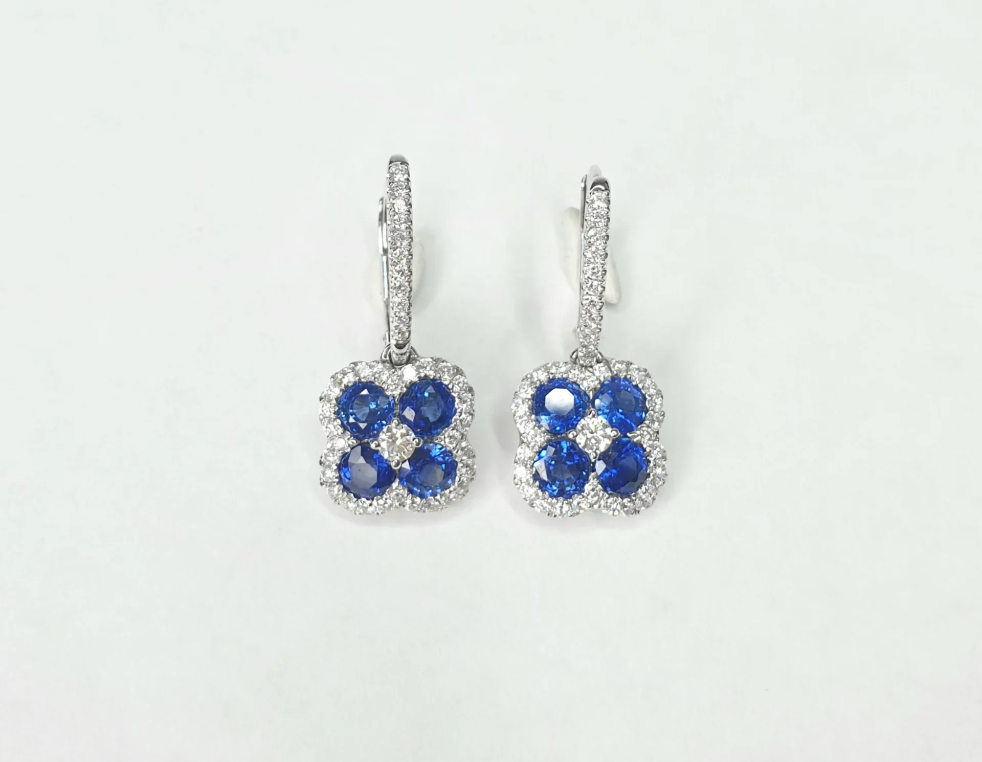 18K White Gold Natural Blue Sapphire with Four Leaf Clover Halo Diamond Earring