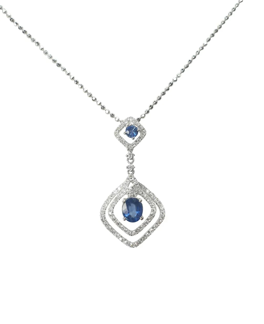18K White Gold Natural Blue Sapphire Drop Diamond Pendant