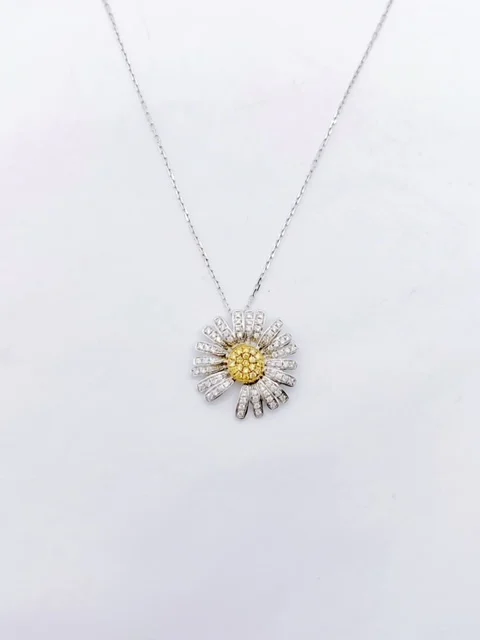 18K White Gold Yellow & White Diamond Sunflower Pendant with 18K White Gold Chain