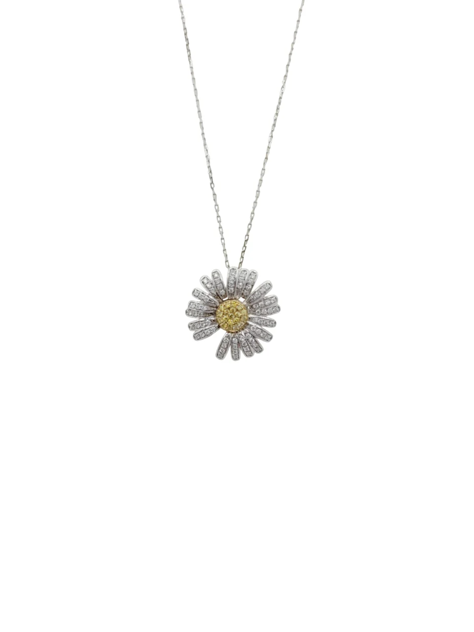 18K White Gold Yellow & White Diamond Sunflower Pendant with 18K White Gold Chain