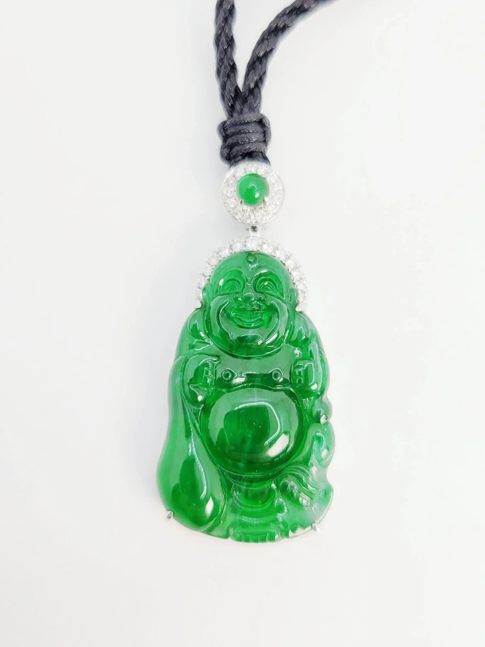 18K White Gold Bright Green Buddha with Diamond Pendant