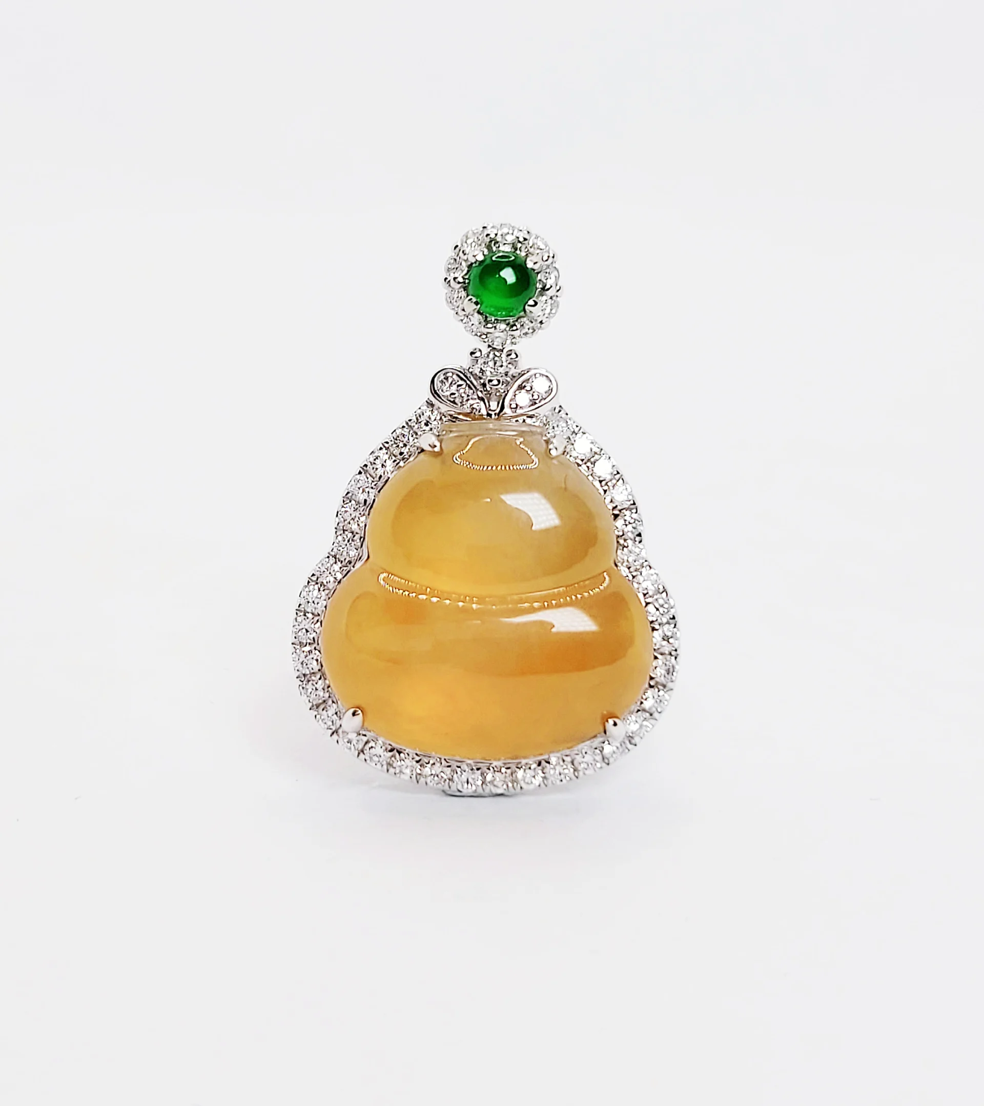 18K White Gold Translucent Honey Yellow Jadeite Jade Double-gourd Diamond Ring and Pendant (two way)