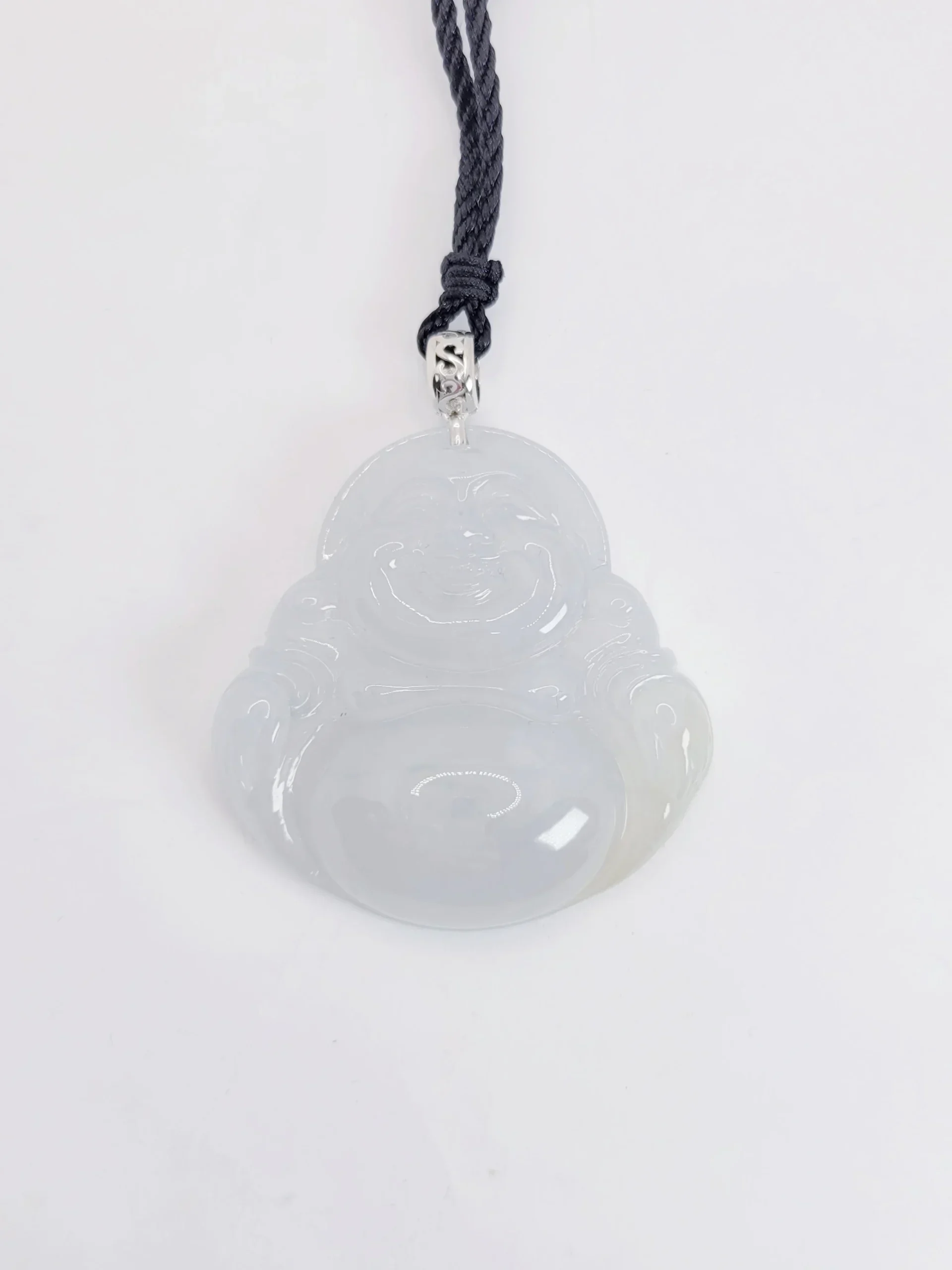 18K White Gold Icy Laughing Buddha Jadeite Jade Pendant
