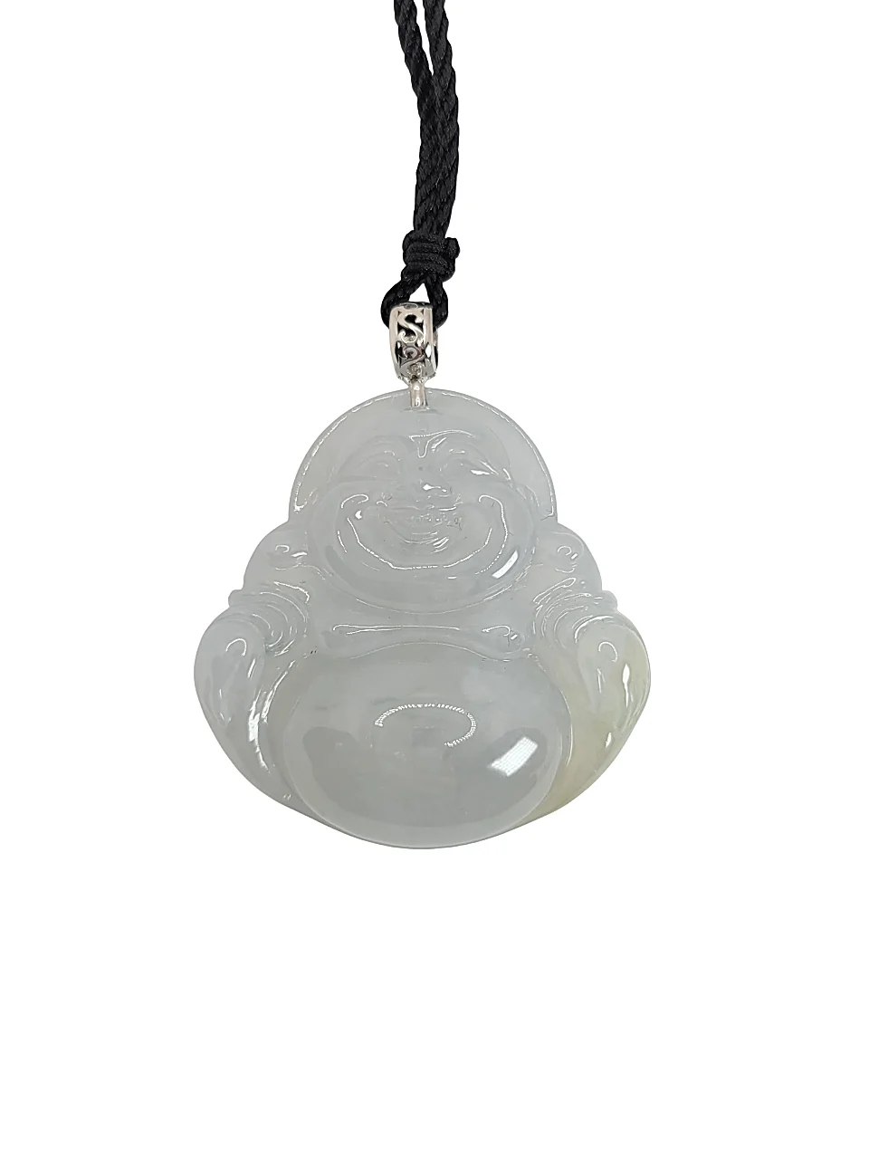 18K White Gold Icy Laughing Buddha Jadeite Jade Pendant