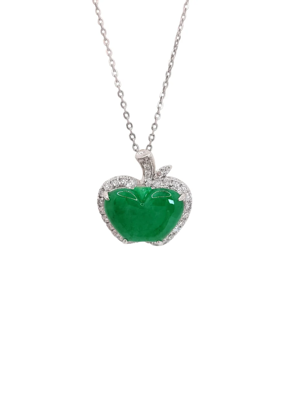 18K White Gold Bright Green Apple with diamond Jadeite Jade pendant