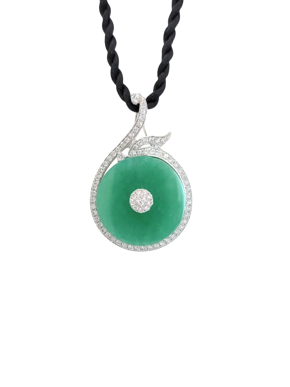 18K White Gold Light Green Round Plaque with diamond Jadeite Jade pendant