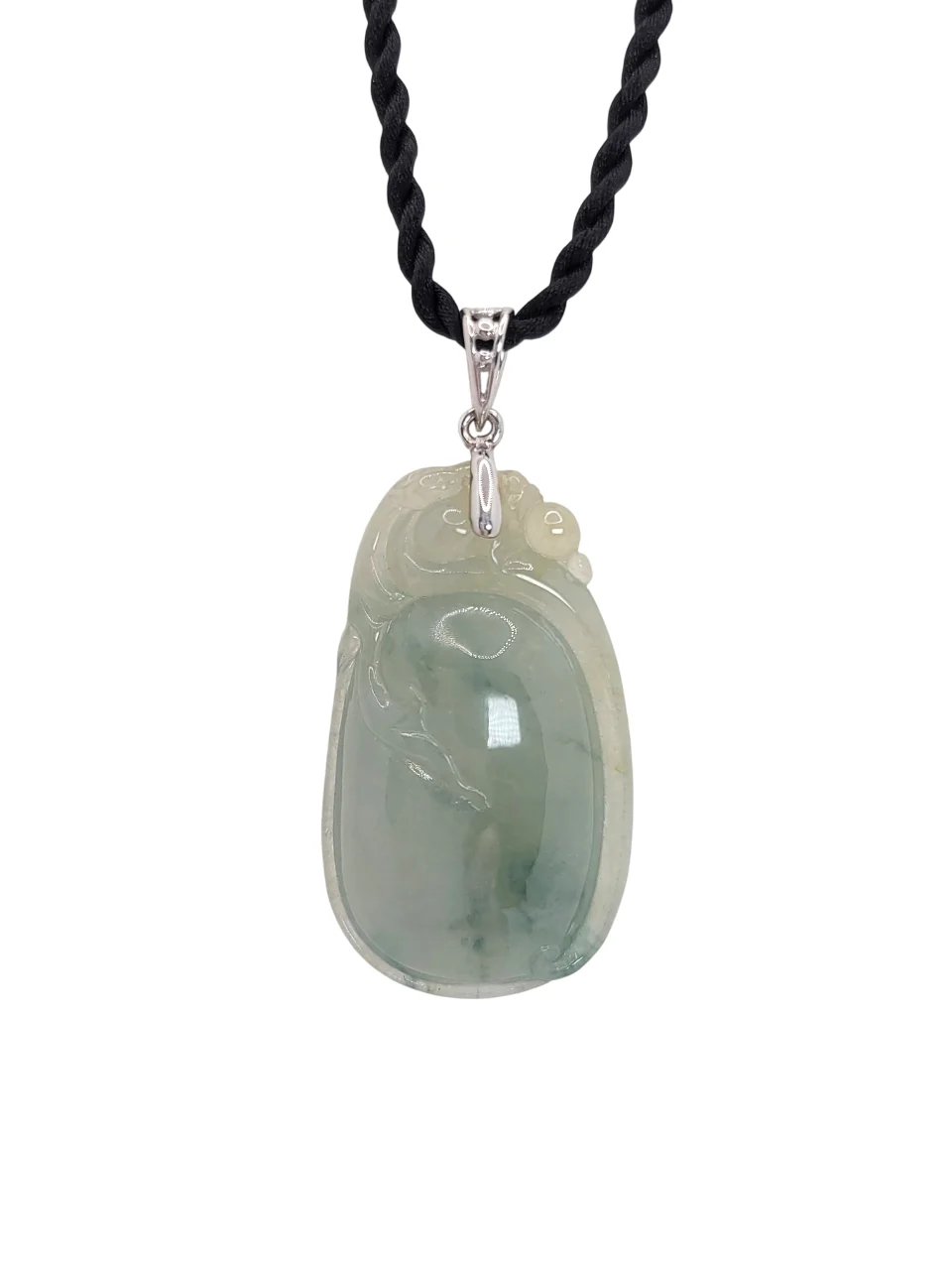 18K White Gold Colourless with Green Patches Carved Jadeite Jade pendant