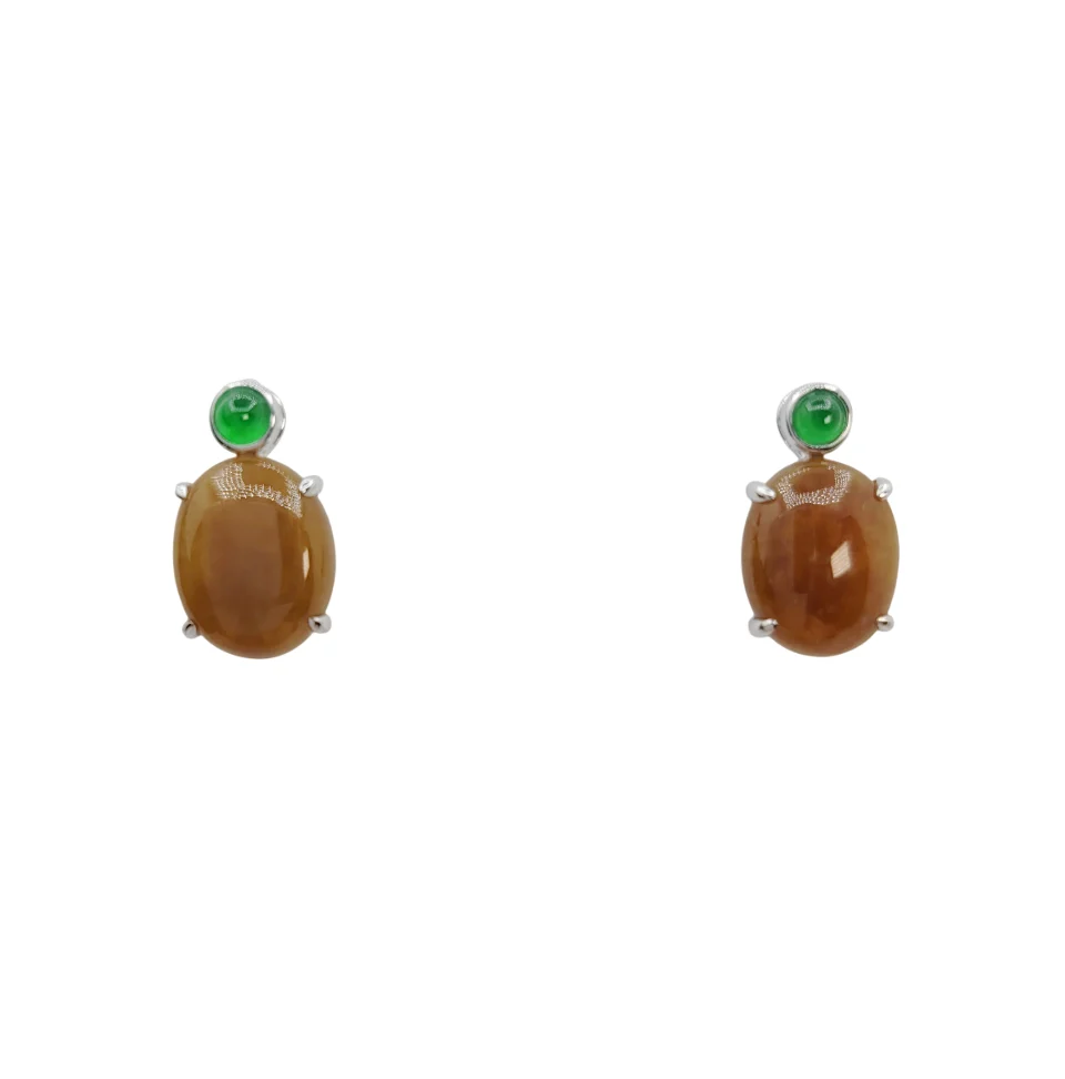 18K White Gold Translucent Orange - Yellow Oval Cabochon and Bright Green Round Cabochon Jadeite Jade Earrings