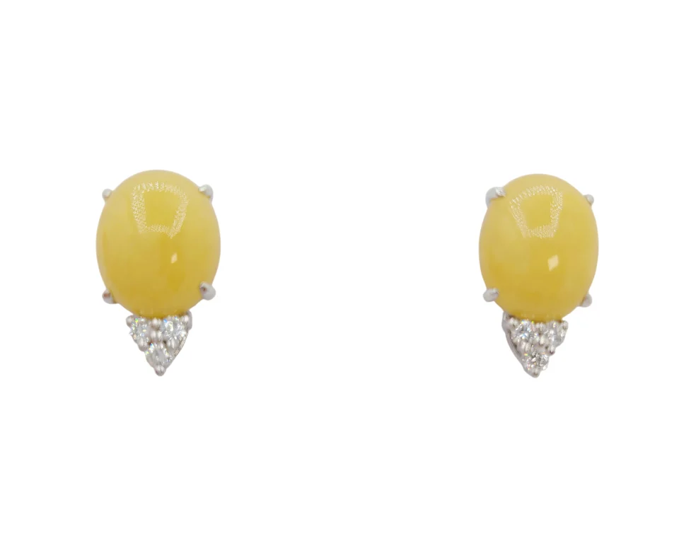 18K White Gold Translucent Honey Yellow Oval Cabochon with Lab Grown Diamond Jadeite Jade Earrings