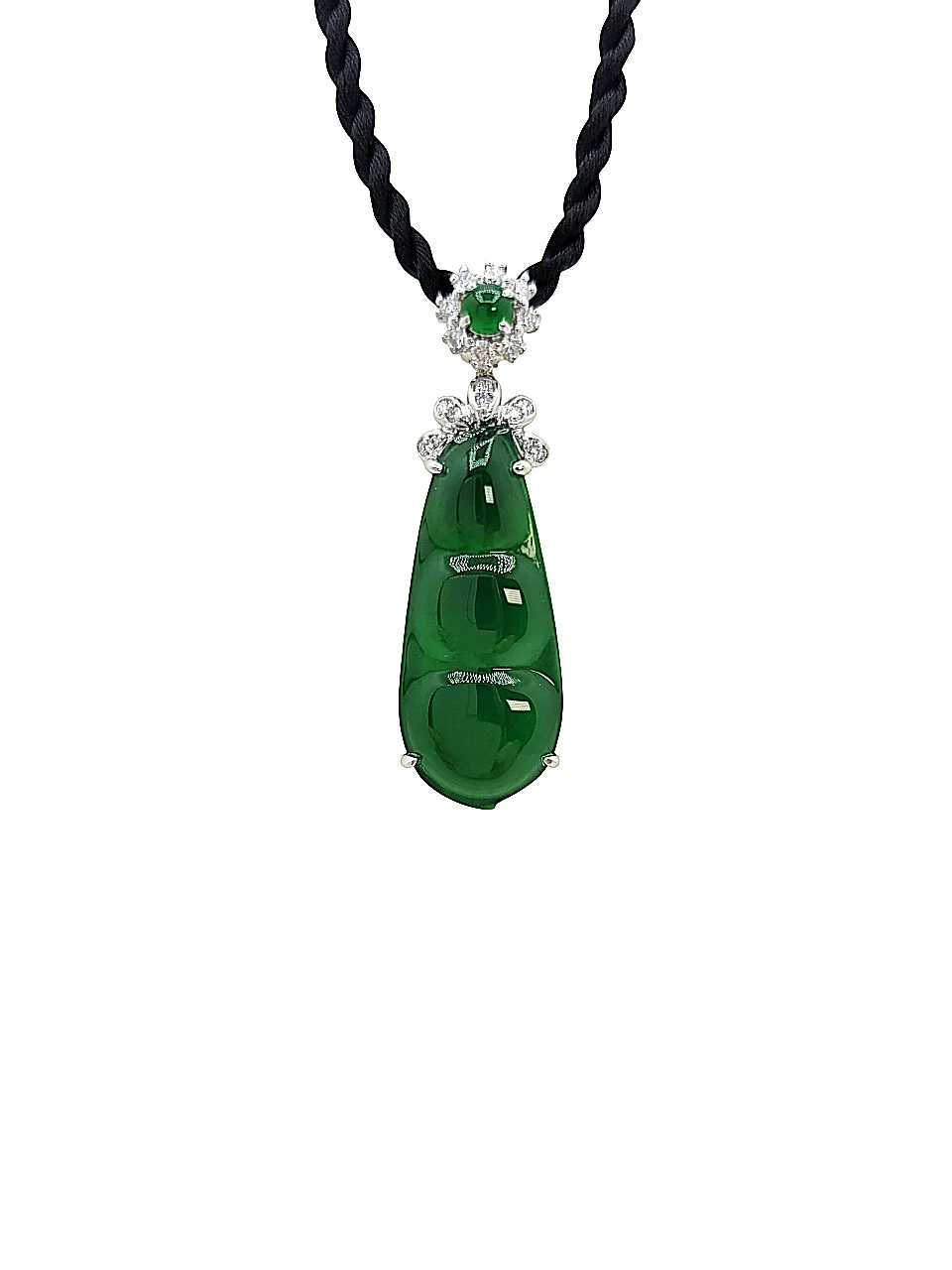 18K White Gold Translucent Bright Green Peapod Jadeite Jade Pendant with Diamonds