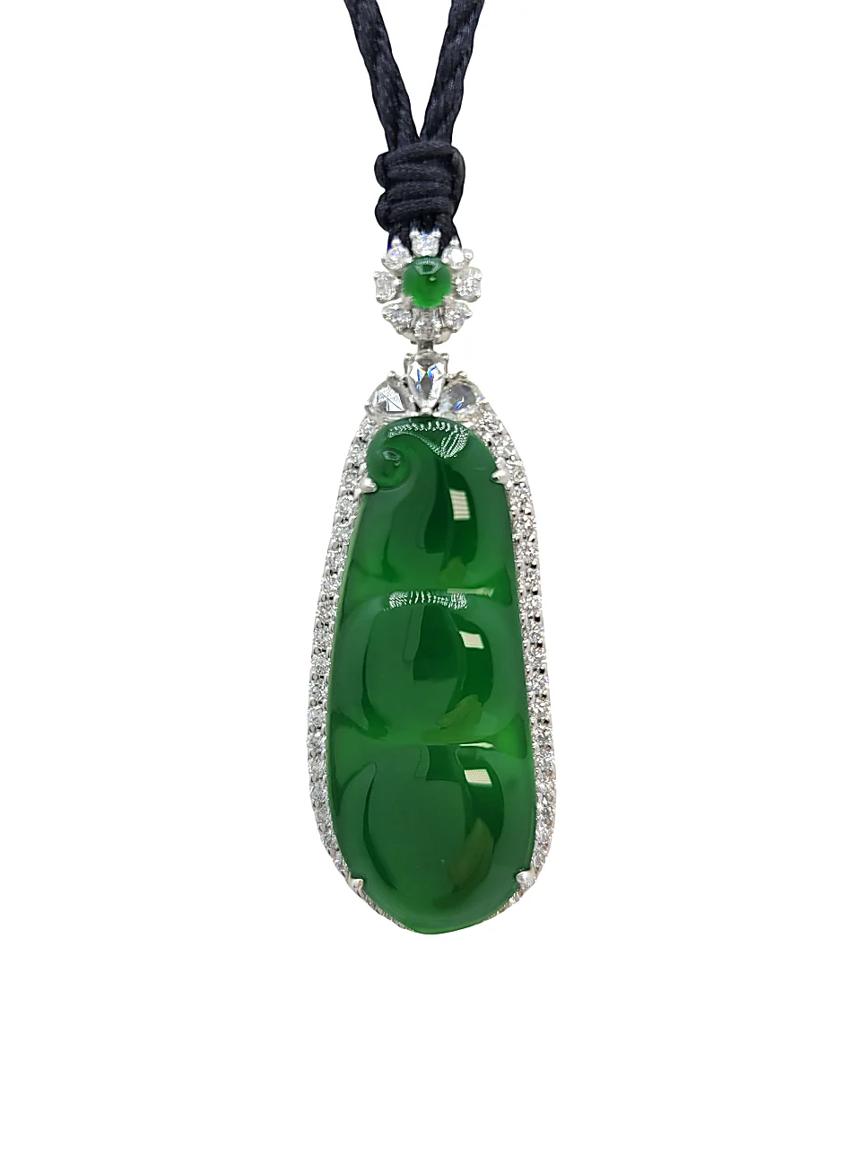 18K White Gold Translucent Bright Green Peapod Jadeite Jade Pendant with Diamonds