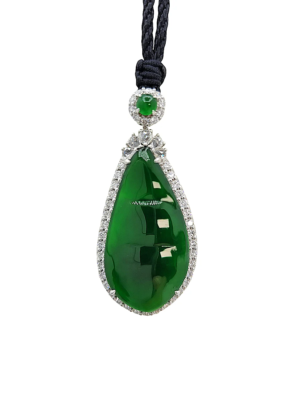 18K White Gold Translucent Bright Green Peapod Jadeite Jade Pendant with Diamonds
