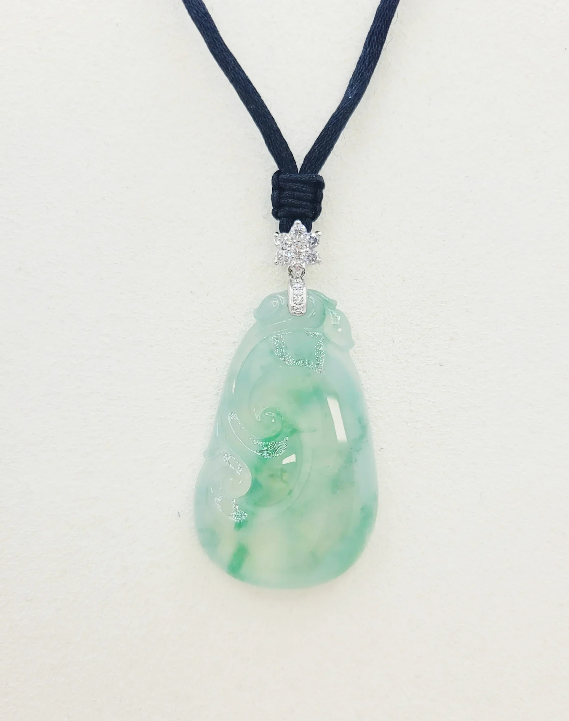 18K White Gold Highly Translucent Ruyi with Green Patches Jadeite Jade Pendant with Diamonds
