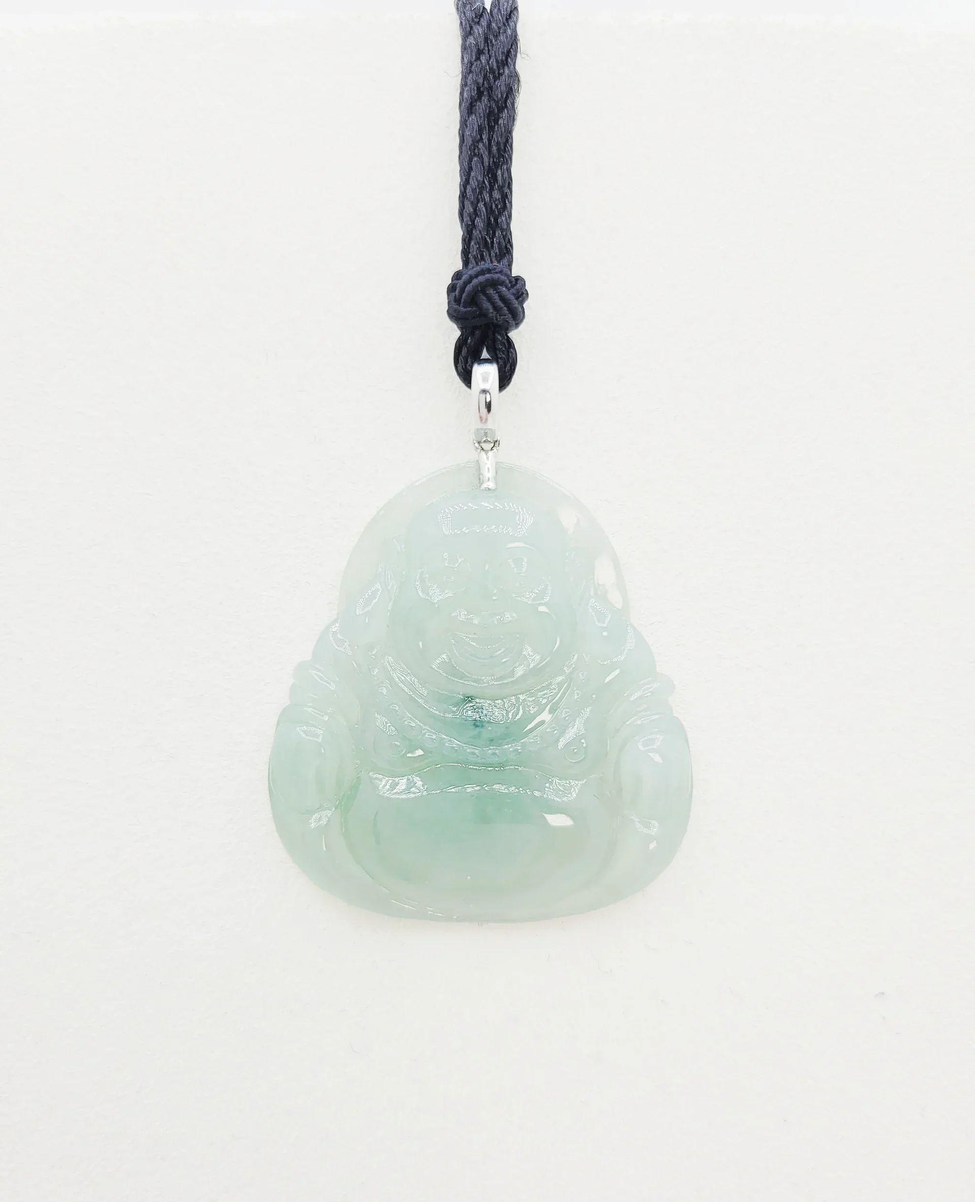18K White Gold Light Green Laughing Buddha Jadeite Jade Pendant