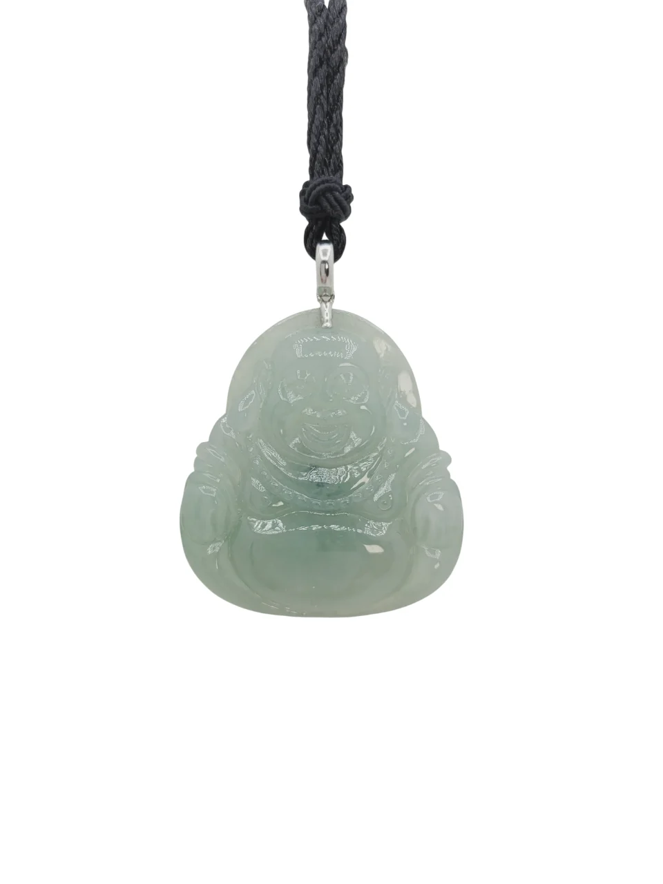 18K White Gold Light Green Laughing Buddha Jadeite Jade Pendant