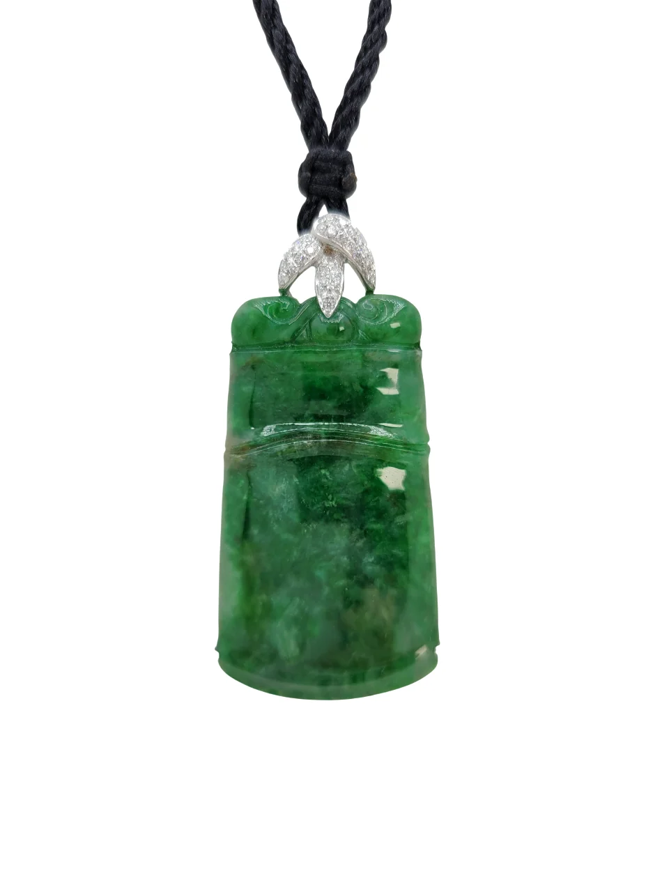 18K White Gold Translucent Green Bamboo Jadeite Jade Pendant with Diamonds